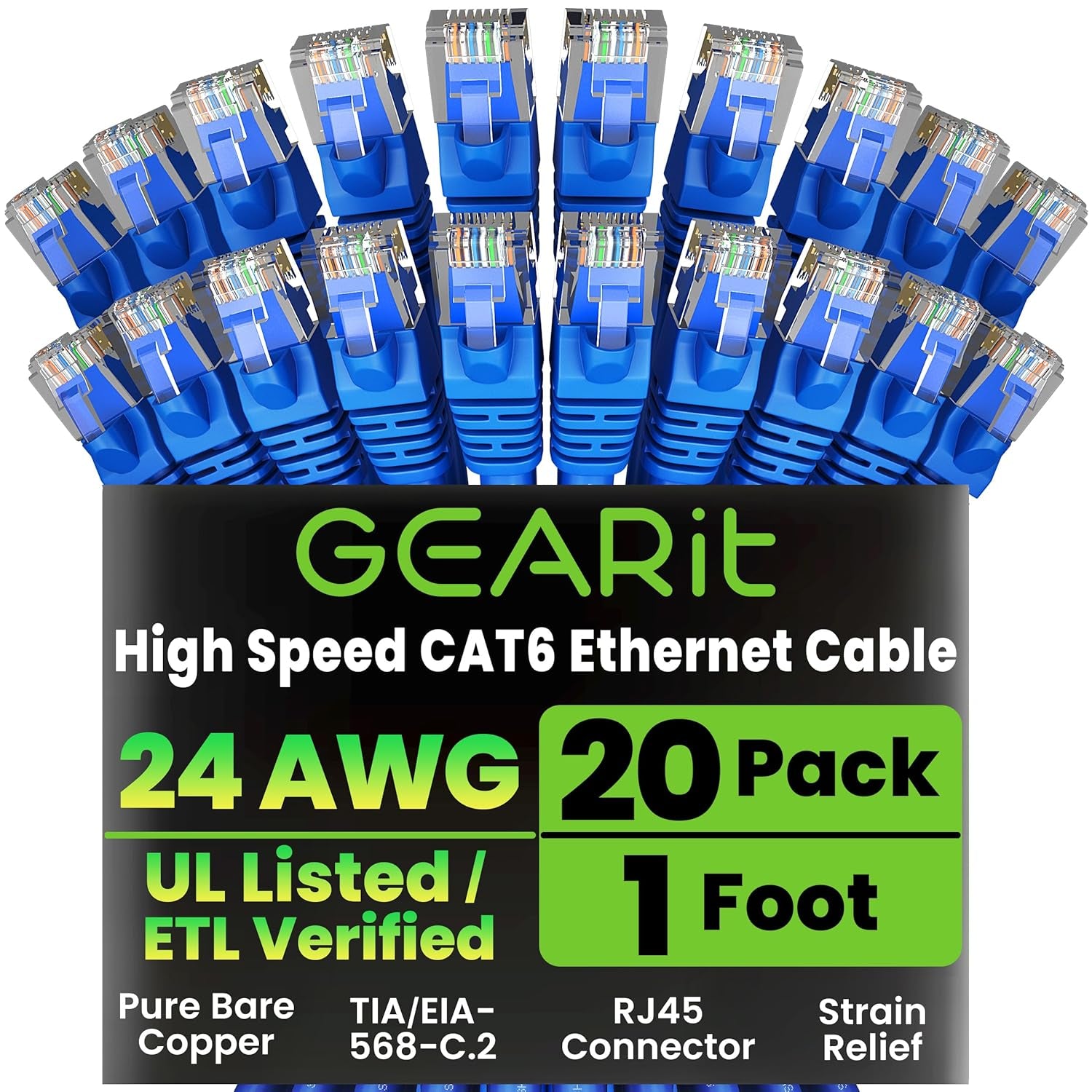 Gearit Cat 6 Ethernet Cable (10-Pack 10 Feet) Cat6 Network Patch, 10Gbps, RJ45, Snagless Cord, Gold-Plated Connectors, Internet for PC, TV, Tablet, Router, Printer, Servers, IT Data Center - Green