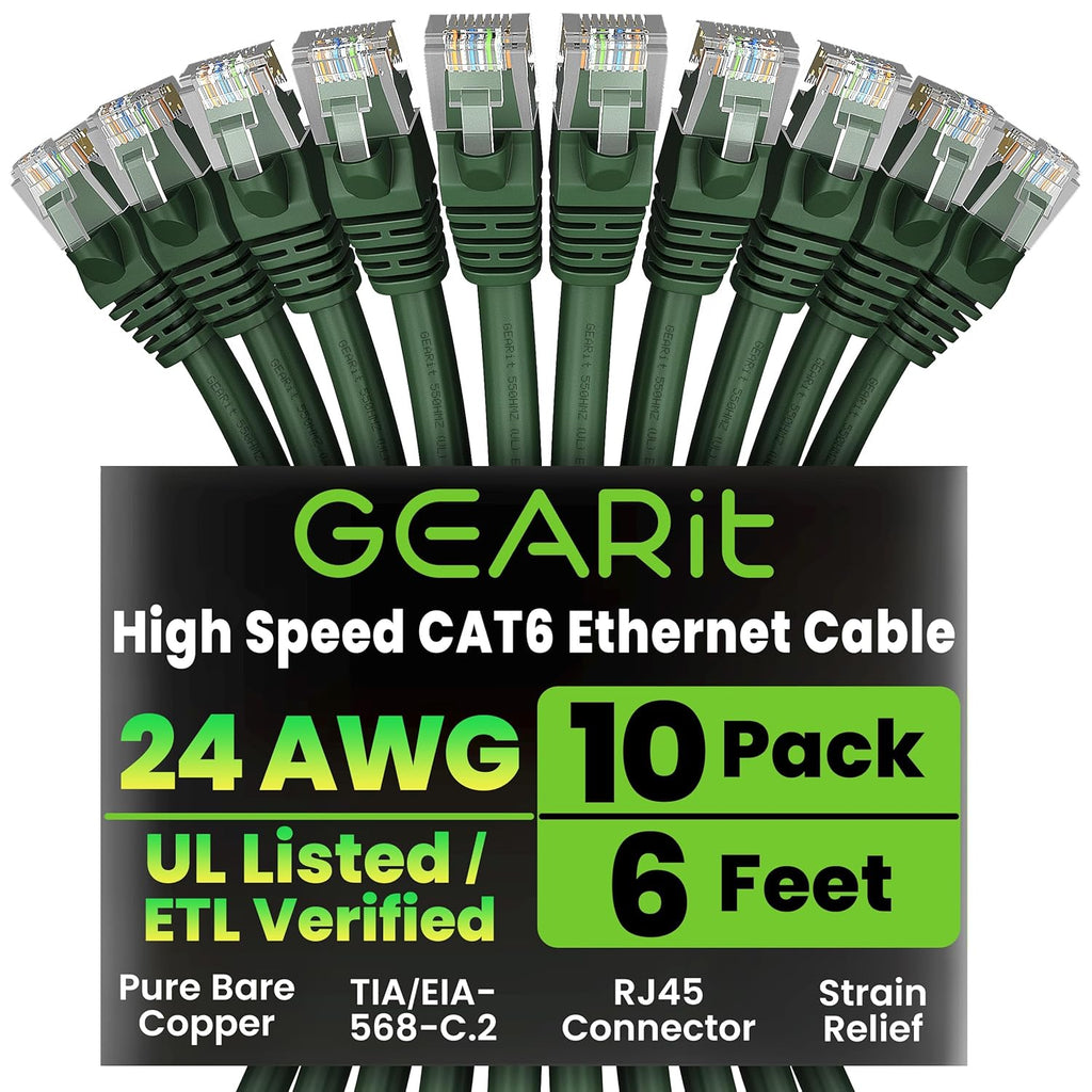 Gearit Cat 6 Ethernet Cable (10-Pack 10 Feet) Cat6 Network Patch, 10Gbps, RJ45, Snagless Cord, Gold-Plated Connectors, Internet for PC, TV, Tablet, Router, Printer, Servers, IT Data Center - Green