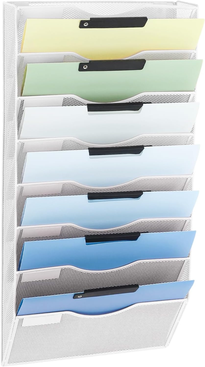 EASEPRES 8 Pocket Mesh Hanging Wall File Organizer, Wall Mounted Mail Paper Document Folder Holder, Clipboard Storage Organization Magazine Rack with Nametag Label for Office Home School, Black