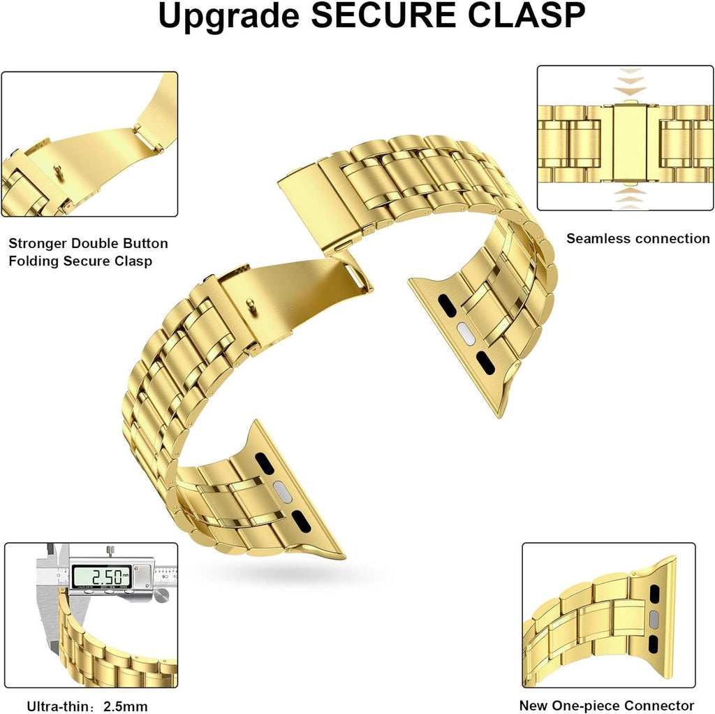 Miohhr Solid Stainless Steel Band Compatible with Apple Watch 44Mm(Series 6/5/4/SE), 42Mm (Series 3/2/1), Metal Strap with Soft TPU Case for Iwatch Bands for Women and Men, Gold