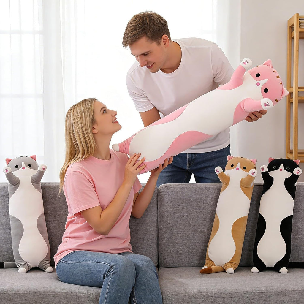 Cute Cat Plush Long Body Pillow – Soft Cartoon Stuffed Animal Doll, Kawaii Cat Plushie Toy Pillow Gifts for Kids, Girls & Girlfriend (Gray, 19.7 Inch)