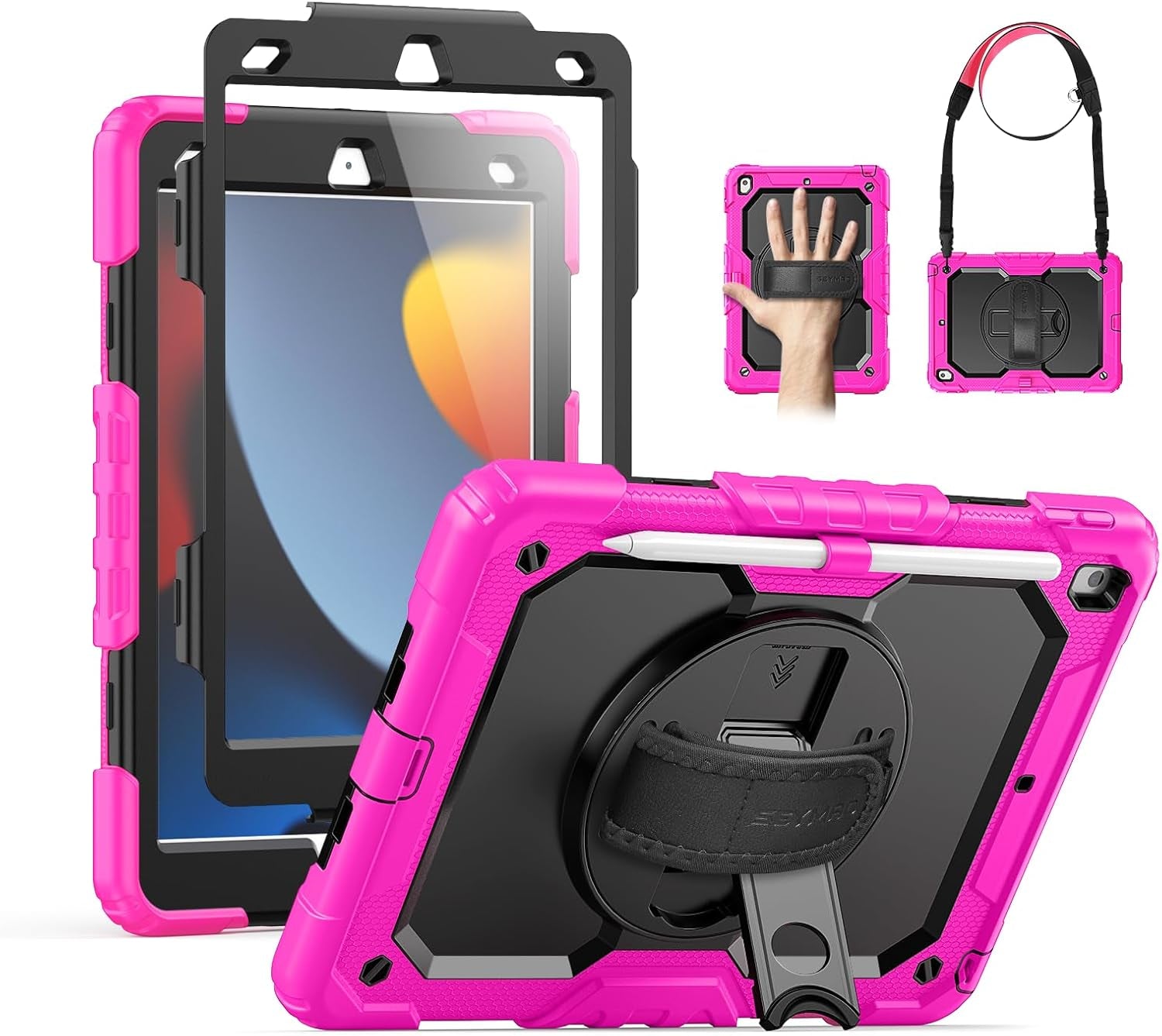 SEYMAC for Ipad 9Th/8Th/7Th Generation Case 10.2" 2021-2019, Full-Body Shockproof Heavy Duty Protective Case with Screen Protector, Rotating Stand/Handle/Shoulder Strap for Ipad 10.2, Black/Blue
