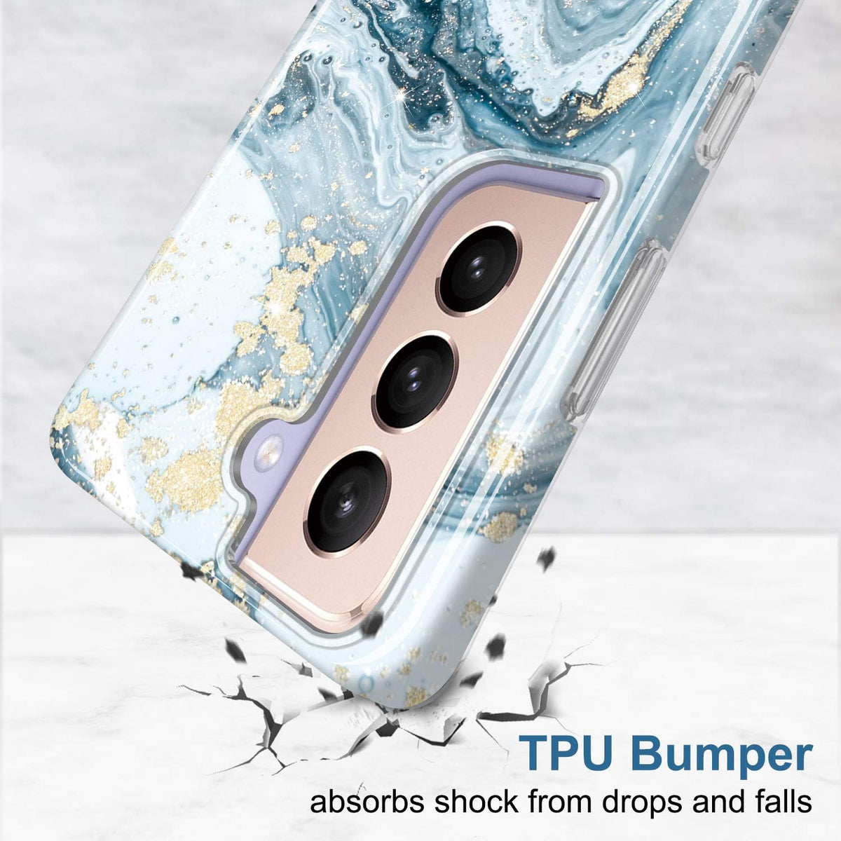JIAXIUFEN Galaxy S21 Case Gold Sparkle Glitter Marble Slim Shockproof TPU Soft Rubber Silicone Cover Phone Case for Samsung Galaxy S21 5G 6.2 Inch 2021 Blue