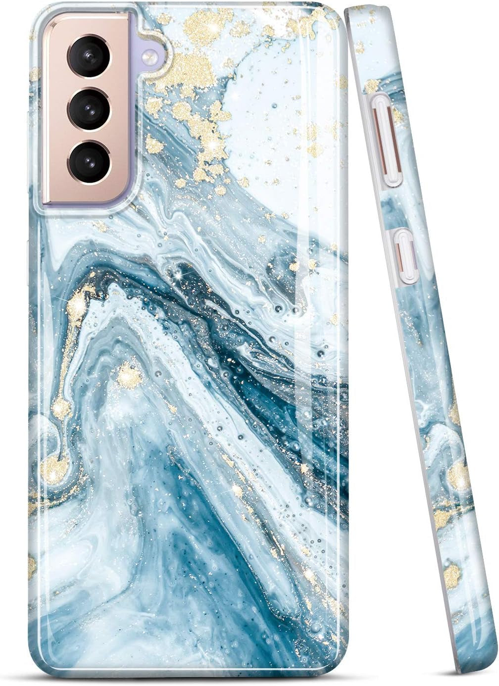 JIAXIUFEN Galaxy S21 Case Gold Sparkle Glitter Marble Slim Shockproof TPU Soft Rubber Silicone Cover Phone Case for Samsung Galaxy S21 5G 6.2 Inch 2021 Blue