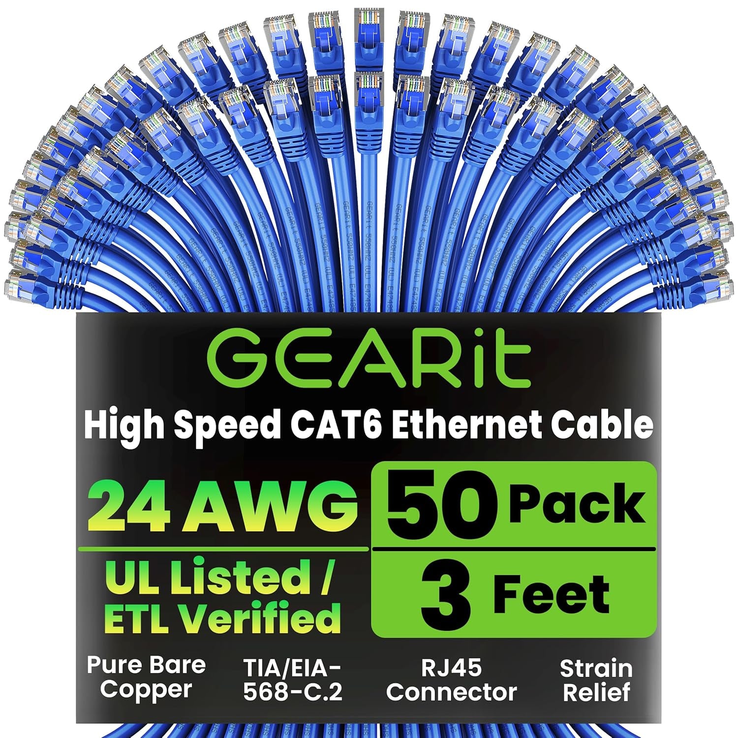 Gearit Cat 6 Ethernet Cable (10-Pack 10 Feet) Cat6 Network Patch, 10Gbps, RJ45, Snagless Cord, Gold-Plated Connectors, Internet for PC, TV, Tablet, Router, Printer, Servers, IT Data Center - Green