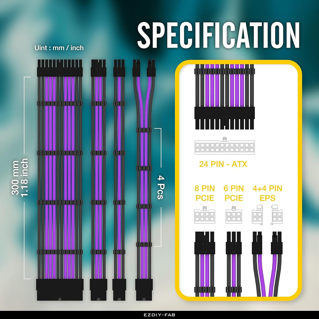EZDIY-FAB PSU Cable Extension Kit Sleeved Cable Custom Power Supply Sleeved Extension 16 AWG 24-PIN 8-PIN 6-PIN 4+4-PIN with Combs- Black/Purple