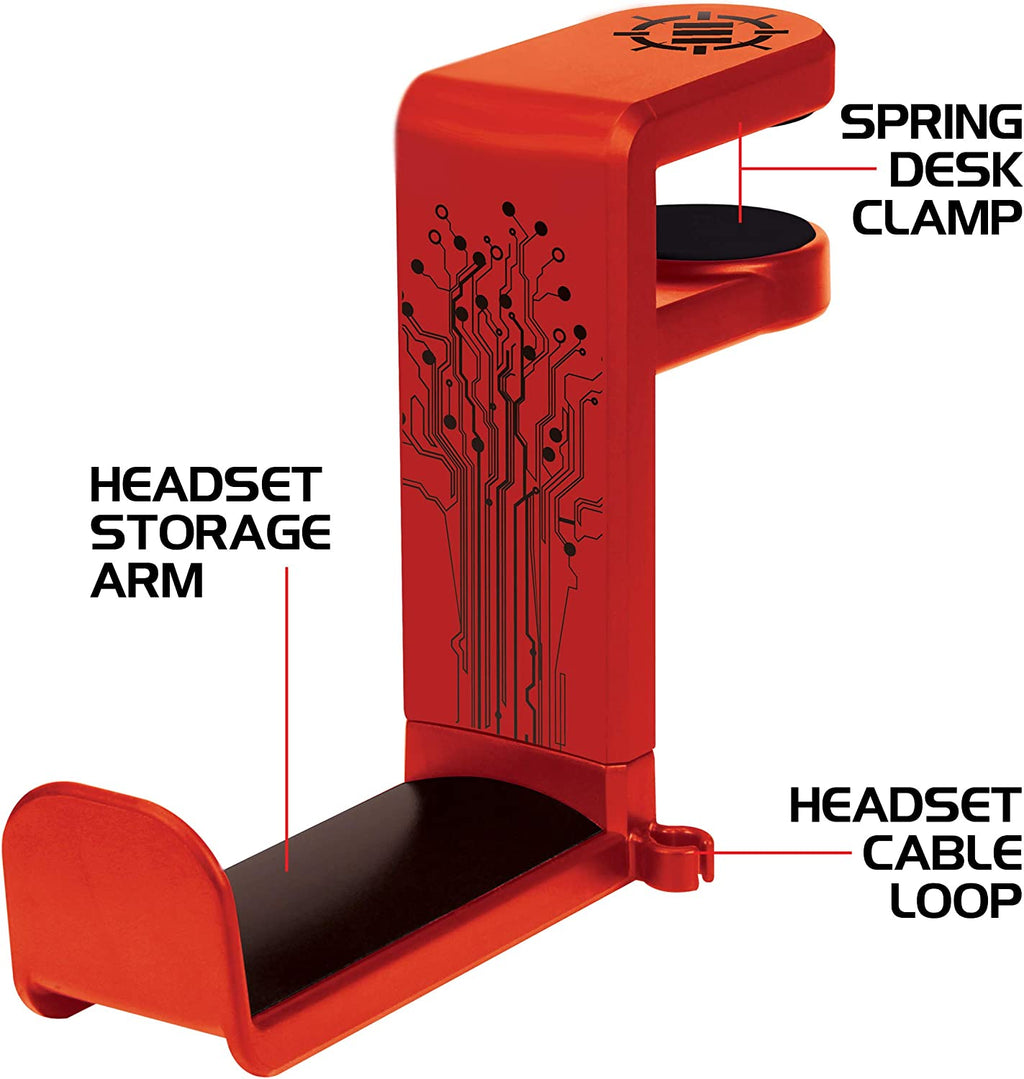 ENHANCE PC Gaming Headphone Holder - Desk Headphone Hanger Esports Headset Holder with Adjustable 360 Rotation, under Desk Hook Clamp, Universal Fit - Built in Cable Clip Organizer - Red