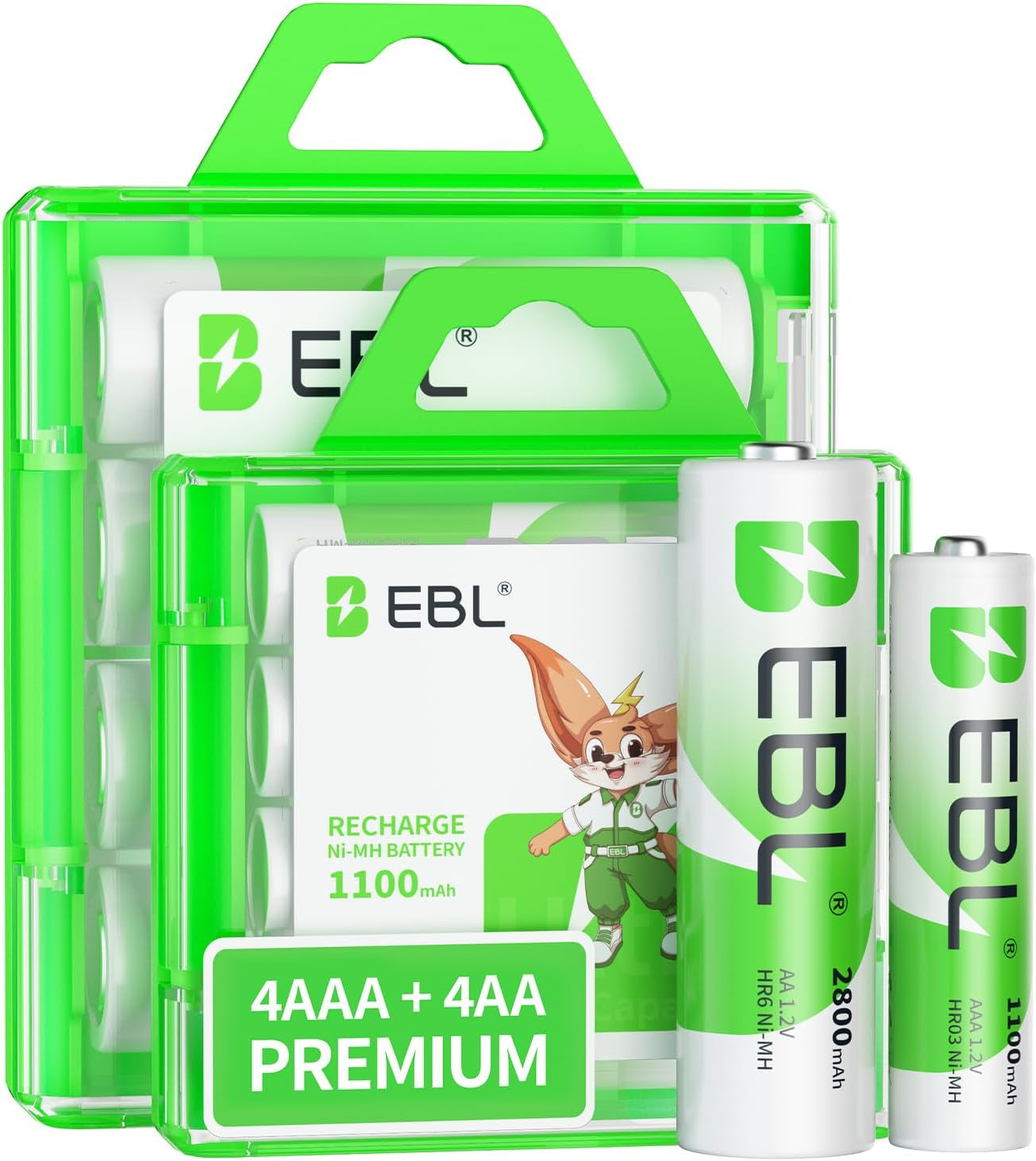 EBL AA Rechargeable Batteries 2800Mah 4 Pack and AAA Rechargeable Batteries 1100Mah 4 Pack, 1.2V Ni-Mh AA AAA Batteries Combo