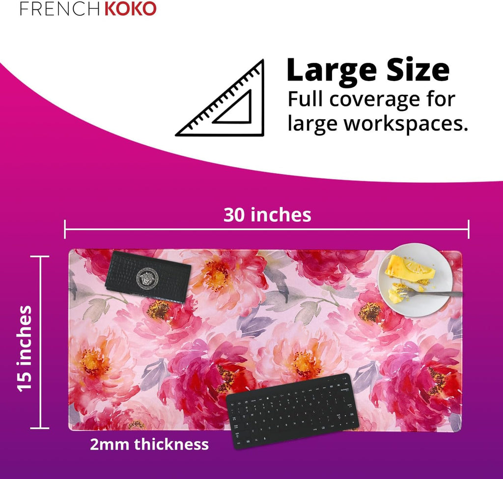 French KOKO Large Mouse Pad Desk Mat 15" X 30" – Extended Floral Desk Protector for Keyboard & Mouse – Non-Slip Waterproof Cute Office Pad Aesthetic Workstation Mat