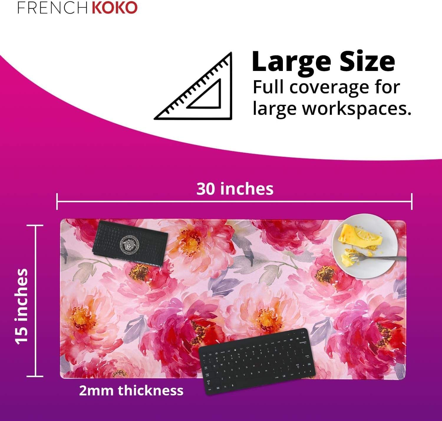 French KOKO Large Mouse Pad Desk Mat 15" X 30" – Extended Floral Desk Protector for Keyboard & Mouse – Non-Slip Waterproof Cute Office Pad Aesthetic Workstation Mat