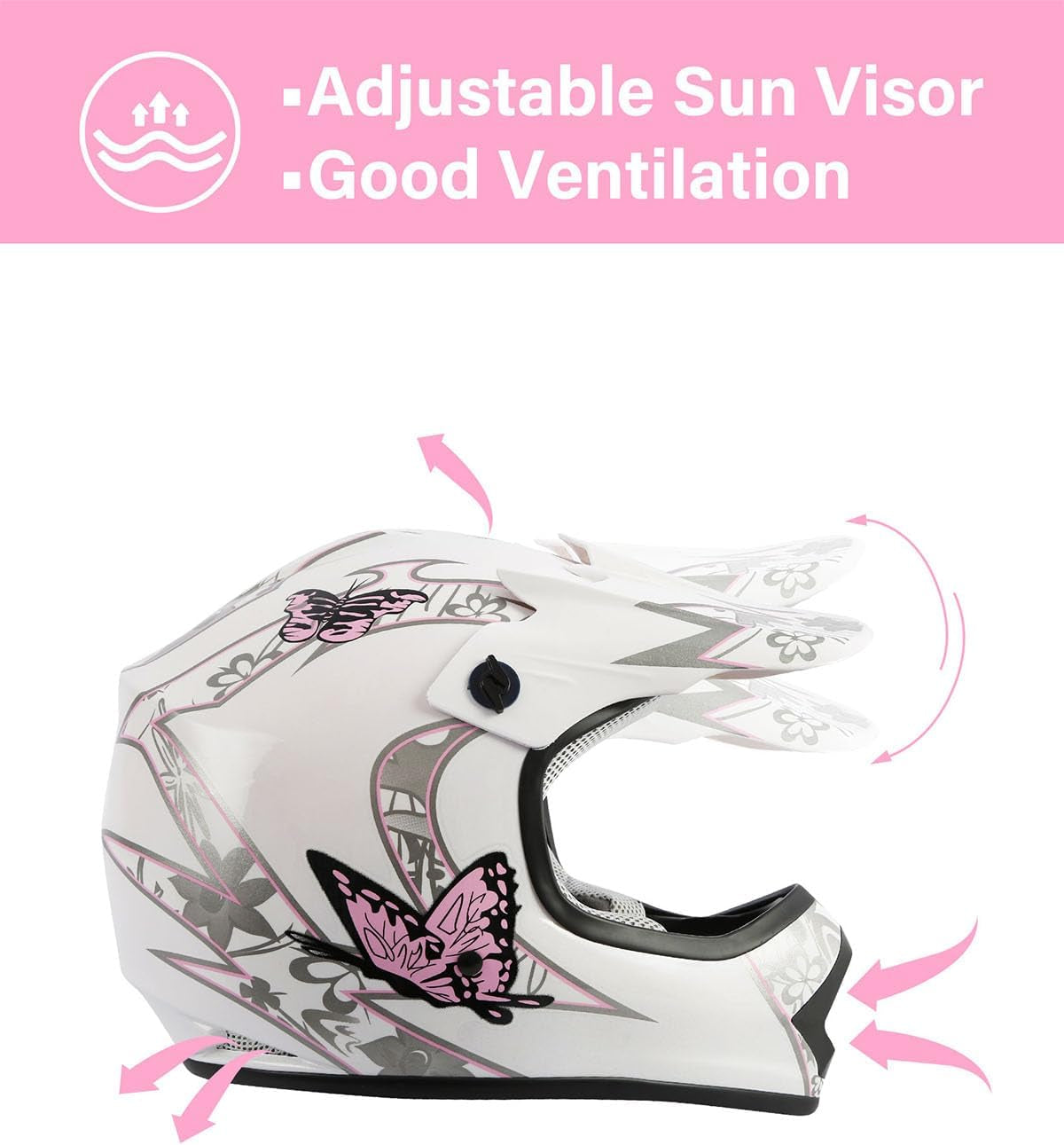 TCT-MOTORPARTS DOT Youth Kids Dirt Bike Full Face Helmets Motocross ATV Offroad Four Wheeler Helmet Pink Butterfly Medium Size