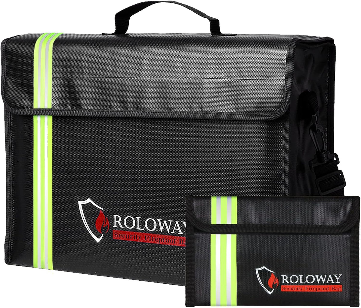 ROLOWAY Fireproof Document & Money Bags, Large Fireproof & Water Resistant Bag (15 X 12 X 5 Inches), Fireproof Folder Safe Bag for Cash, Valuables & Passport, with Silicone Coating & Zipper Closure