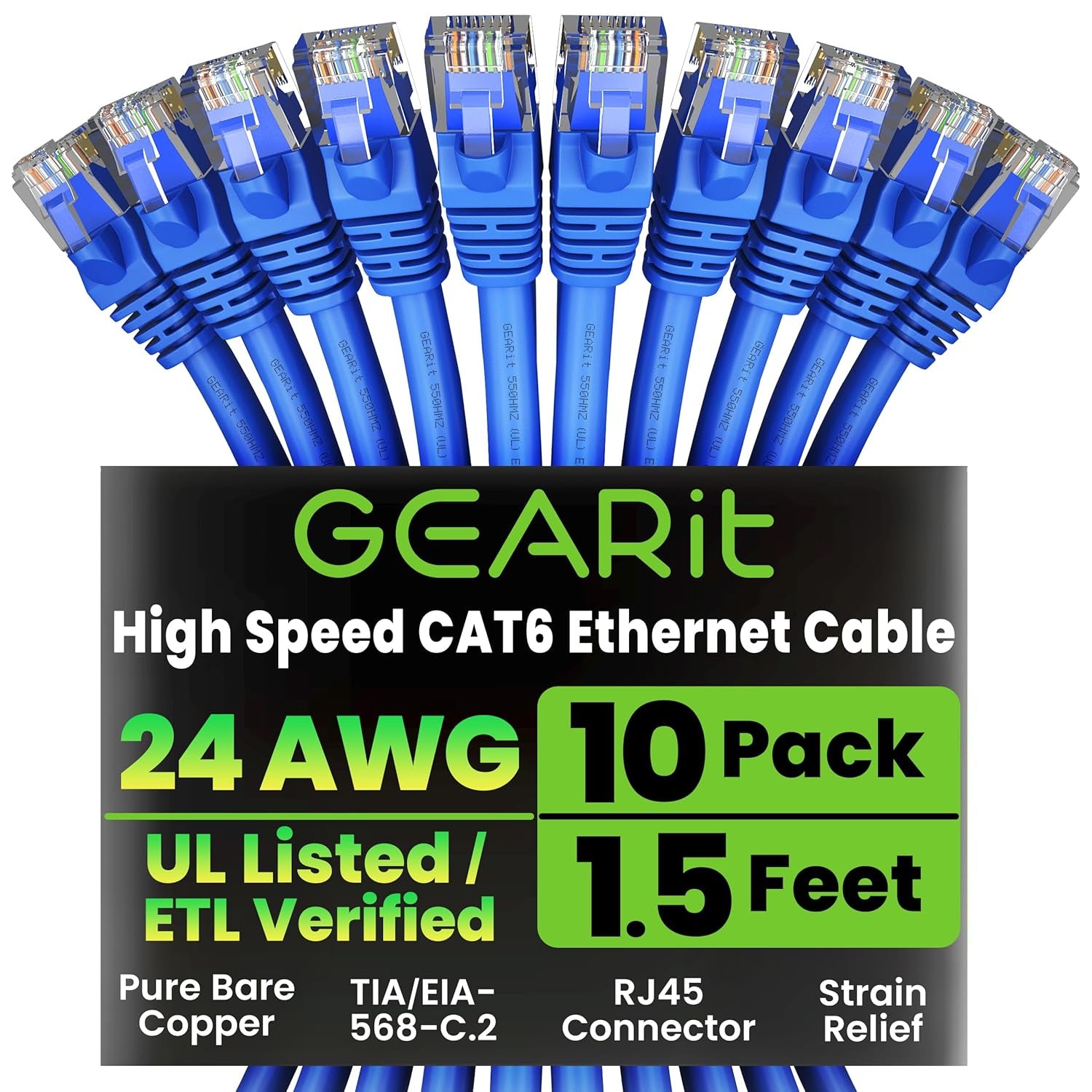Gearit Cat 6 Ethernet Cable (10-Pack 10 Feet) Cat6 Network Patch, 10Gbps, RJ45, Snagless Cord, Gold-Plated Connectors, Internet for PC, TV, Tablet, Router, Printer, Servers, IT Data Center - Green