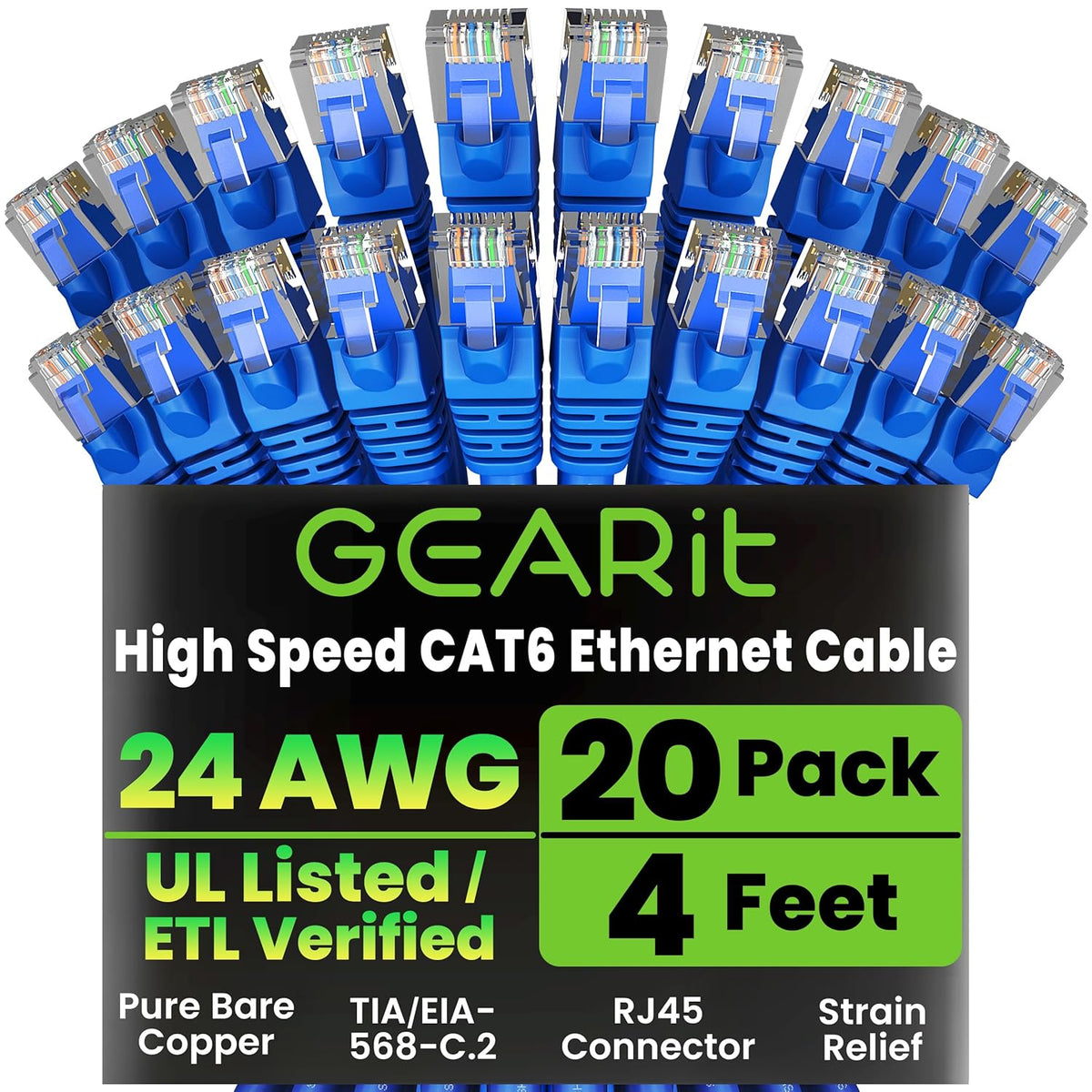Gearit Cat 6 Ethernet Cable (10-Pack 10 Feet) Cat6 Network Patch, 10Gbps, RJ45, Snagless Cord, Gold-Plated Connectors, Internet for PC, TV, Tablet, Router, Printer, Servers, IT Data Center - Green