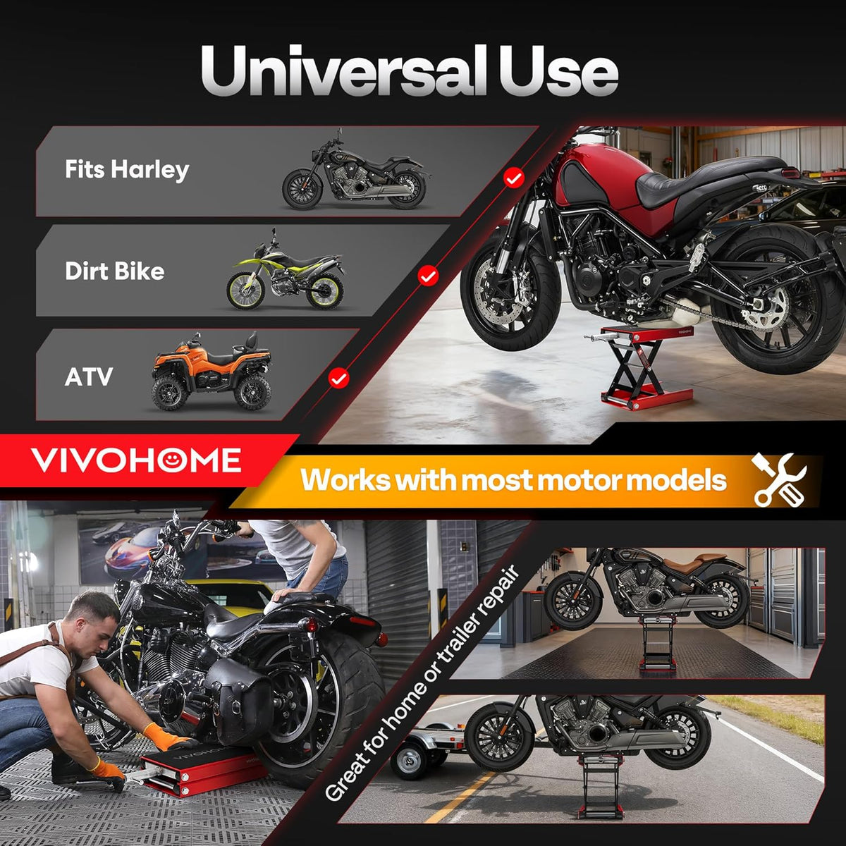 VIVOHOME 1100 LBS Motorcycle Lift Scissor Jack, Wide Deck Hoist Stand, Height Adjustable Center Stand with Crank, Steel Lift for Cruiser, Dirt Bike, ATV - Red