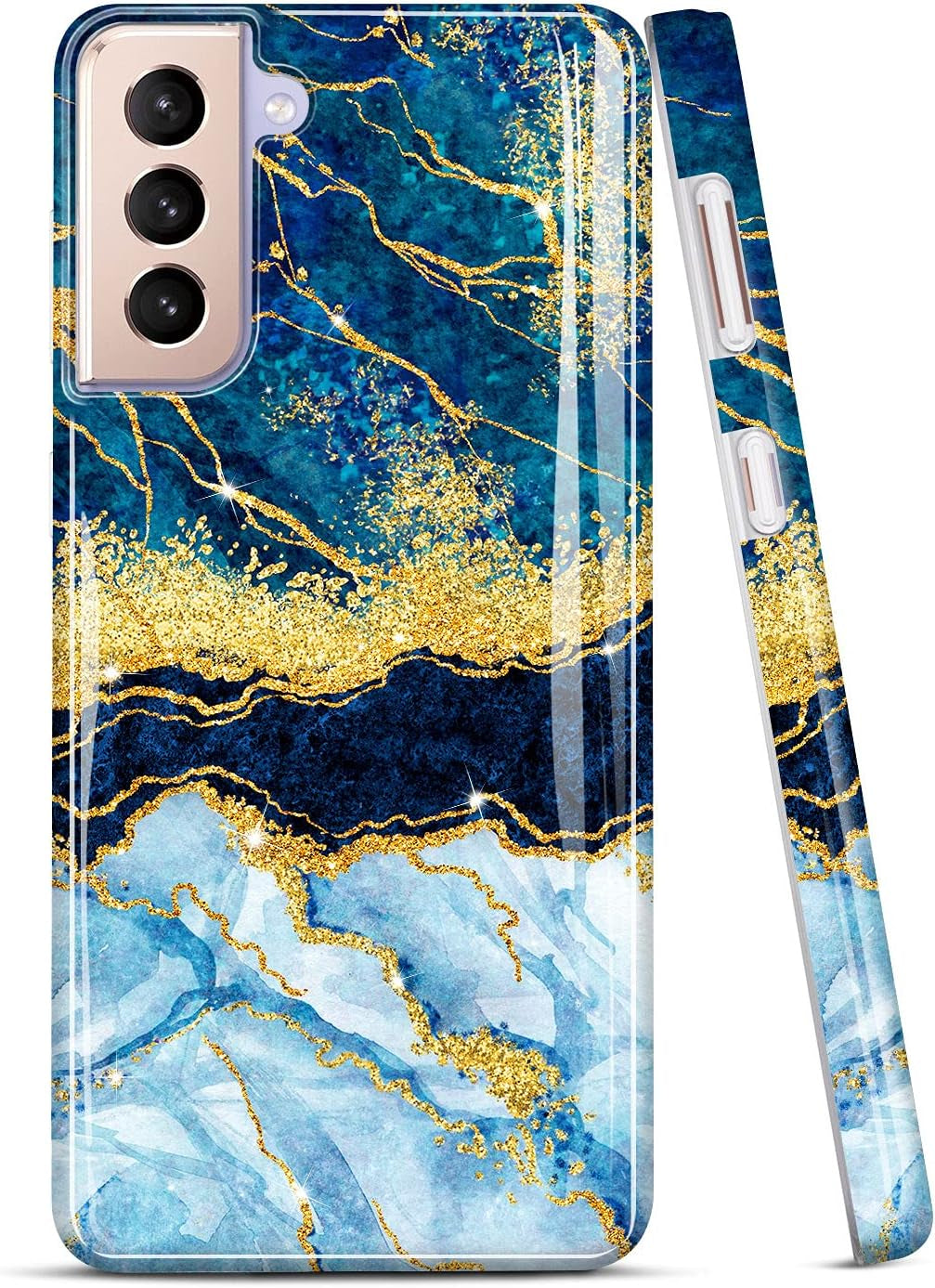 JIAXIUFEN Galaxy S21 Case Gold Sparkle Glitter Marble Slim Shockproof TPU Soft Rubber Silicone Cover Phone Case for Samsung Galaxy S21 5G 6.2 Inch 2021 Blue