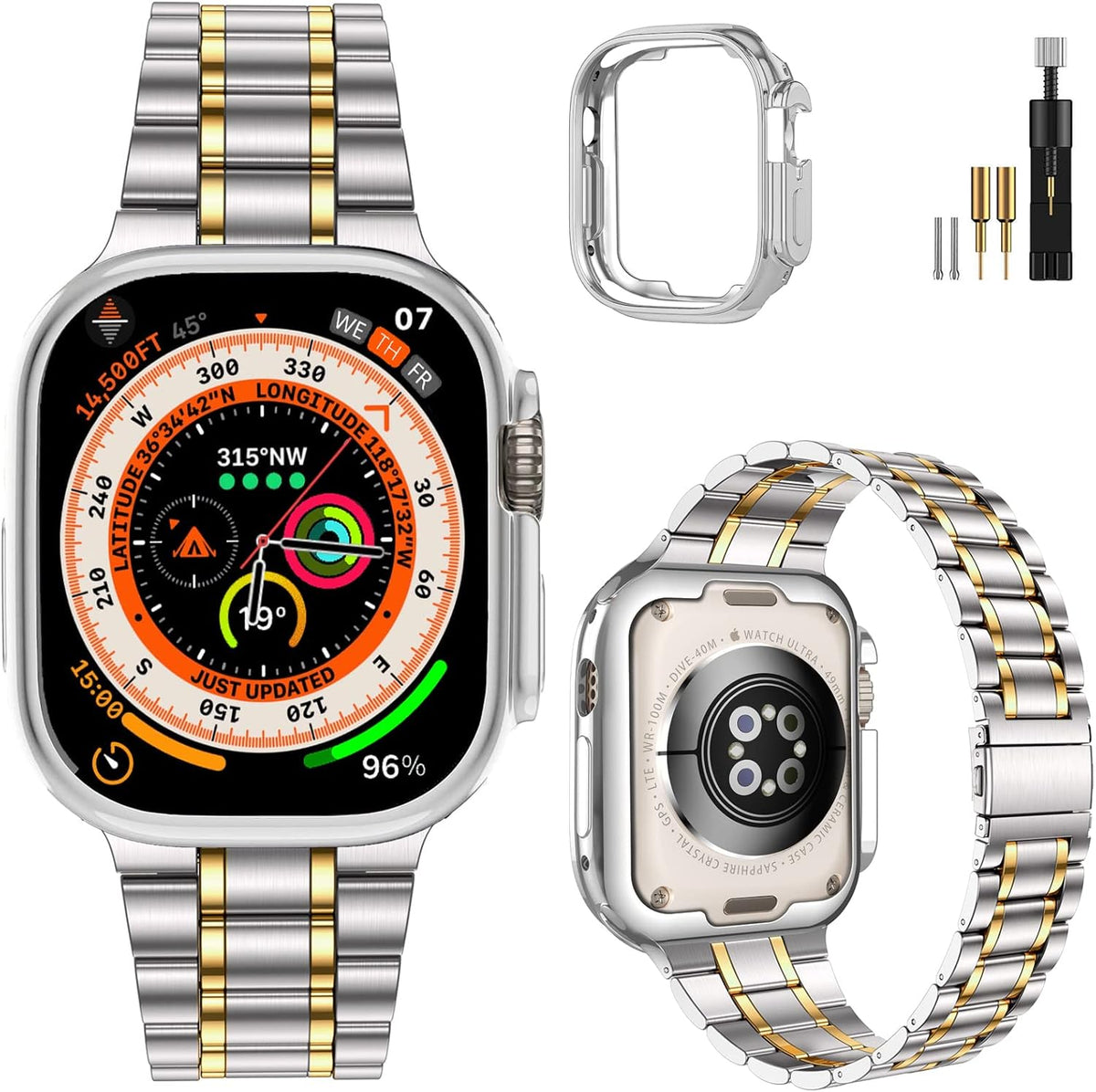 Miohhr Solid Stainless Steel Band Compatible with Apple Watch 44Mm(Series 6/5/4/SE), 42Mm (Series 3/2/1), Metal Strap with Soft TPU Case for Iwatch Bands for Women and Men, Gold