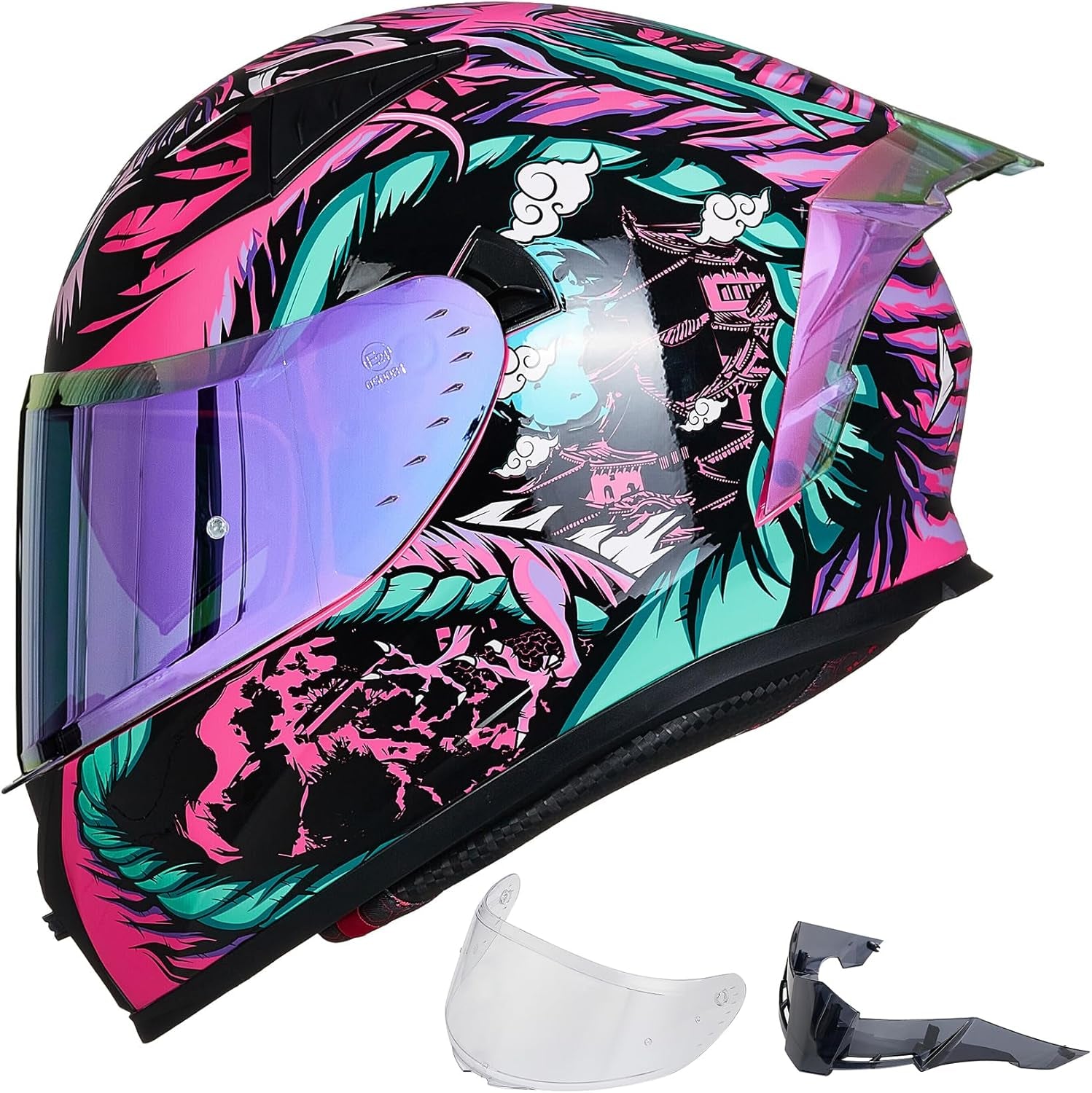 ILM Motorcycle Helmet Full Face with Pinlock Compatible Clear&Tinted Visors and Fins Street Bike Motocross Casco DOT Model Z501(Legend Green, Medium)