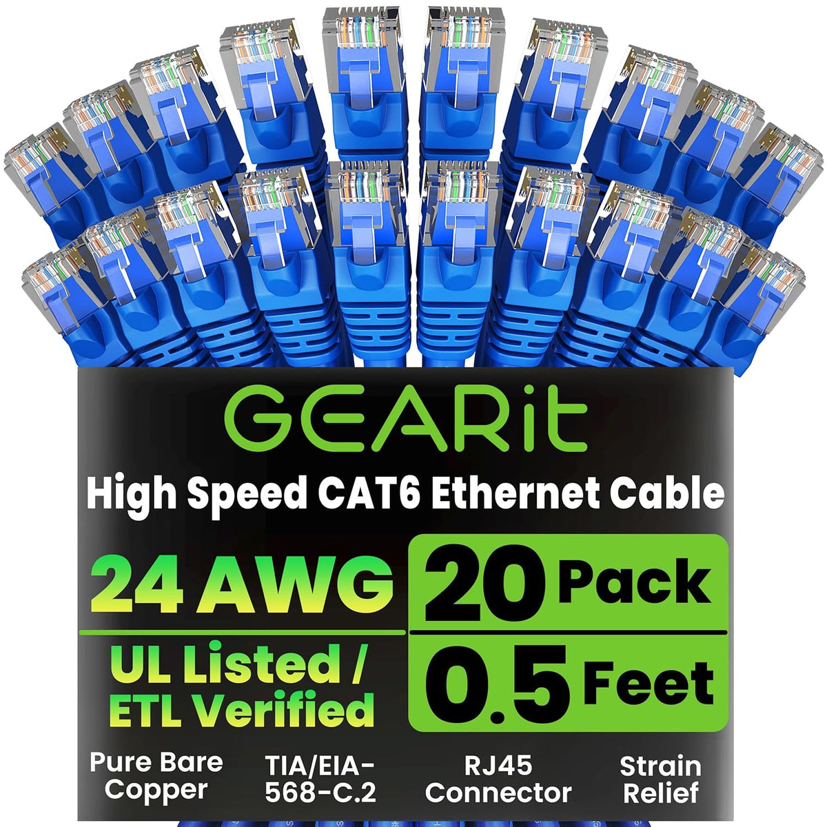 Gearit Cat 6 Ethernet Cable (10-Pack 10 Feet) Cat6 Network Patch, 10Gbps, RJ45, Snagless Cord, Gold-Plated Connectors, Internet for PC, TV, Tablet, Router, Printer, Servers, IT Data Center - Green