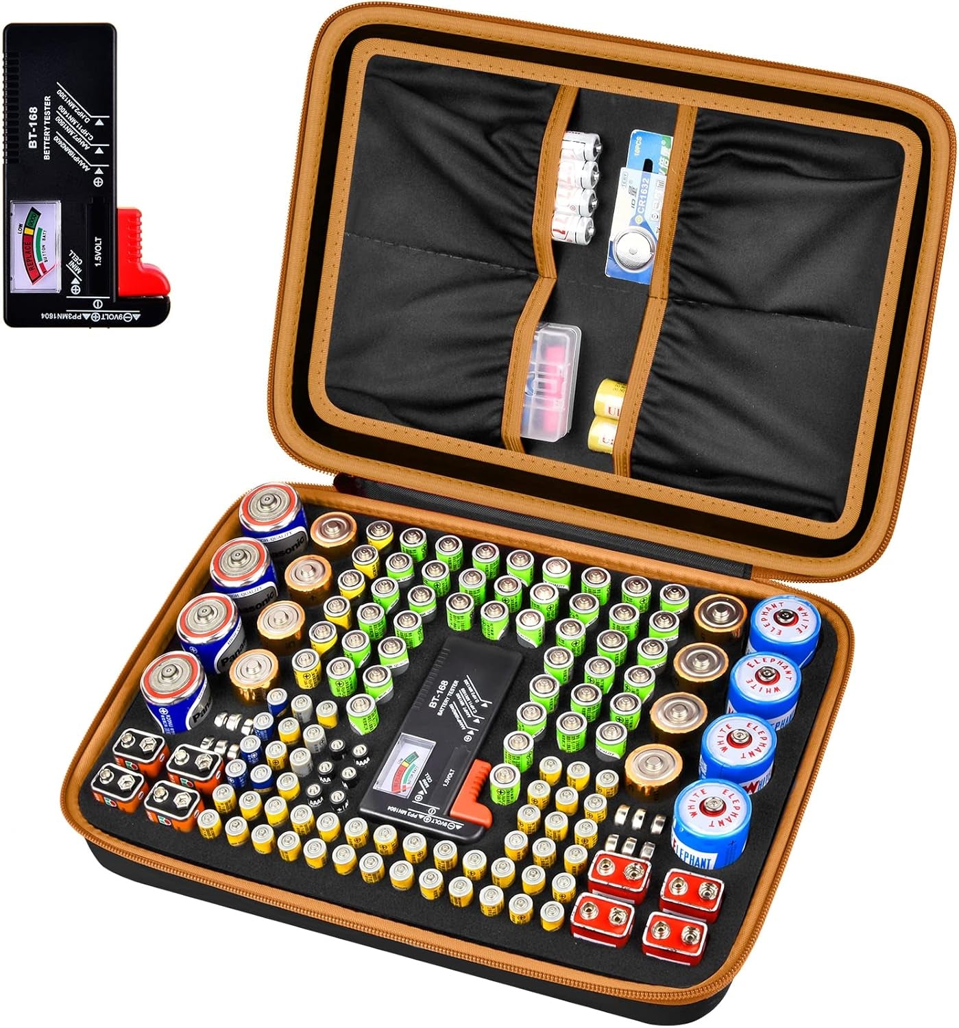 Comecase Battery Organizer Storage Case, Battery Vault Carrying Container Bag Holder - Holds 148+ Batteries AA AAA AAAA C D 9V Button Cell - with BT-168 Tester for Home&Garage- Black(Box Only)