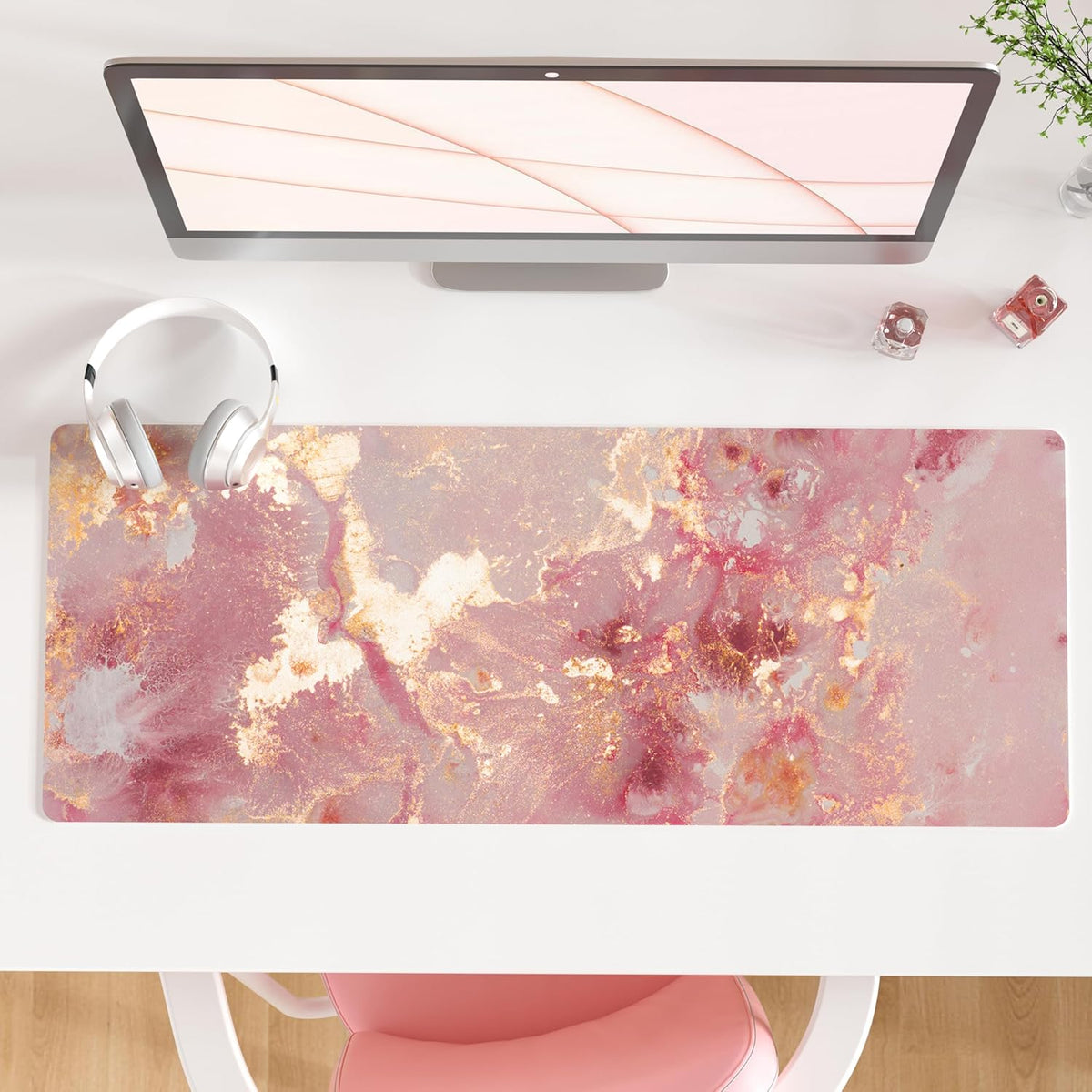 QIYI Large Mouse Pad, Cute Pink Desk Mat for Desktop, Women Girls PU Leather Desk Pad Waterproof Gaming Mousepad, Rose Gold Marble Computer Protector Writing Pad for School Office Home 31.5" X 15.7"