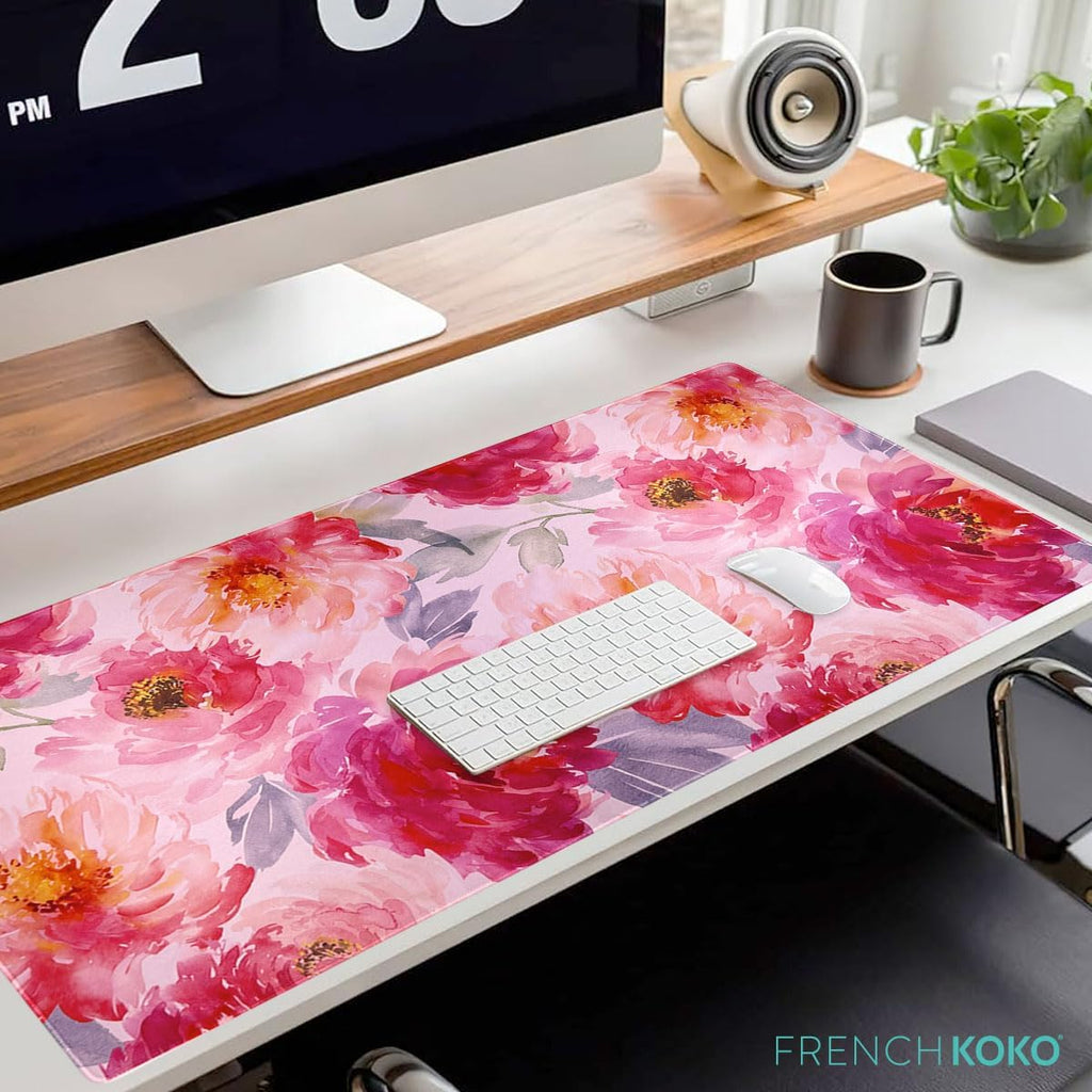 French KOKO Large Mouse Pad Desk Mat 15" X 30" – Extended Floral Desk Protector for Keyboard & Mouse – Non-Slip Waterproof Cute Office Pad Aesthetic Workstation Mat