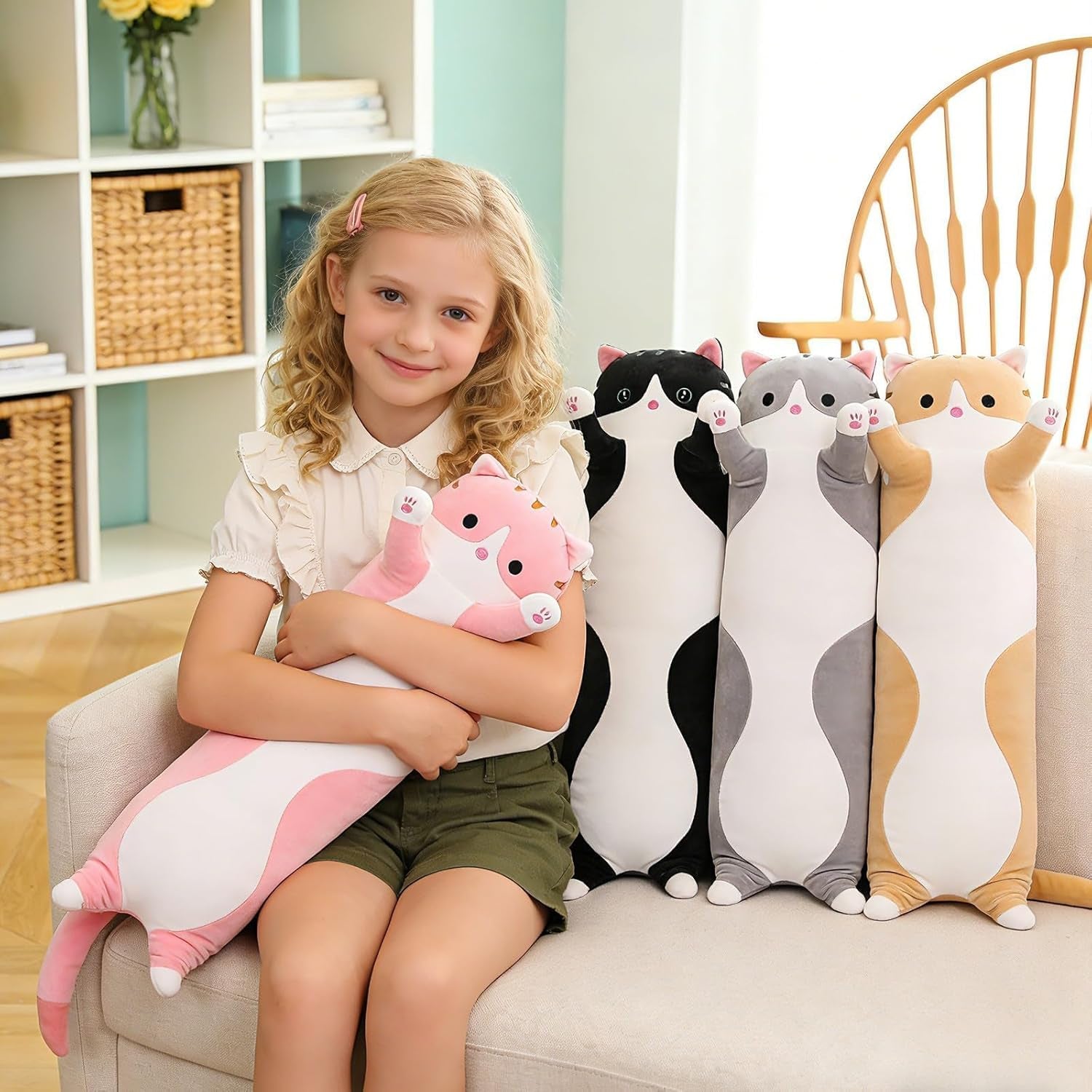 Cute Cat Plush Long Body Pillow – Soft Cartoon Stuffed Animal Doll, Kawaii Cat Plushie Toy Pillow Gifts for Kids, Girls & Girlfriend (Gray, 19.7 Inch)
