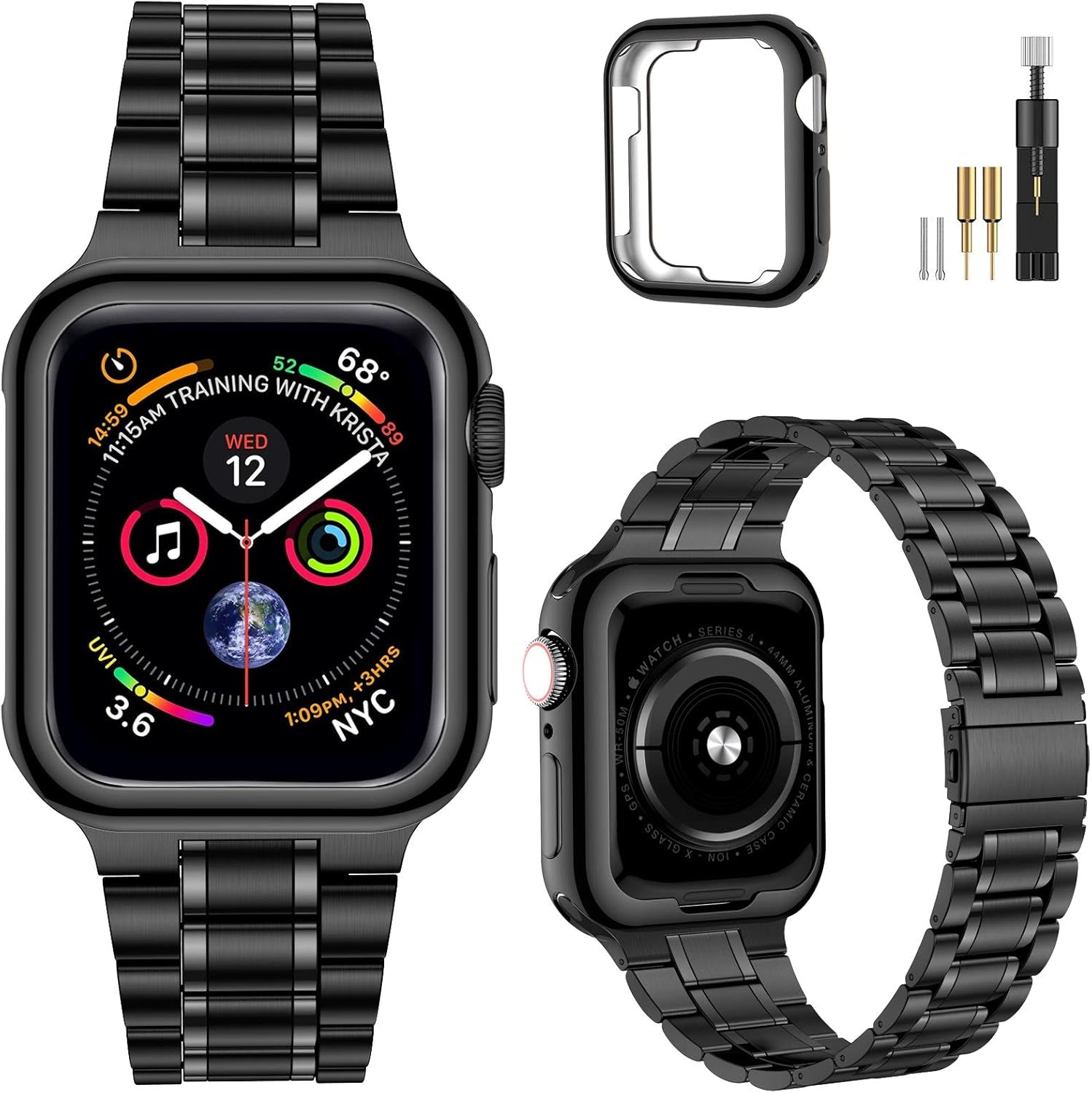 Miohhr Solid Stainless Steel Band Compatible with Apple Watch 44Mm(Series 6/5/4/SE), 42Mm (Series 3/2/1), Metal Strap with Soft TPU Case for Iwatch Bands for Women and Men, Gold