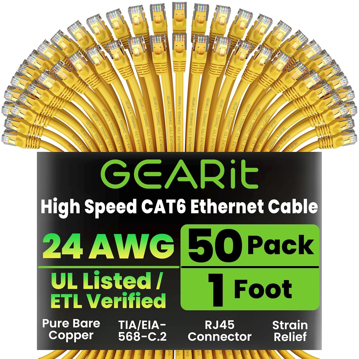 Gearit Cat 6 Ethernet Cable (10-Pack 10 Feet) Cat6 Network Patch, 10Gbps, RJ45, Snagless Cord, Gold-Plated Connectors, Internet for PC, TV, Tablet, Router, Printer, Servers, IT Data Center - Green