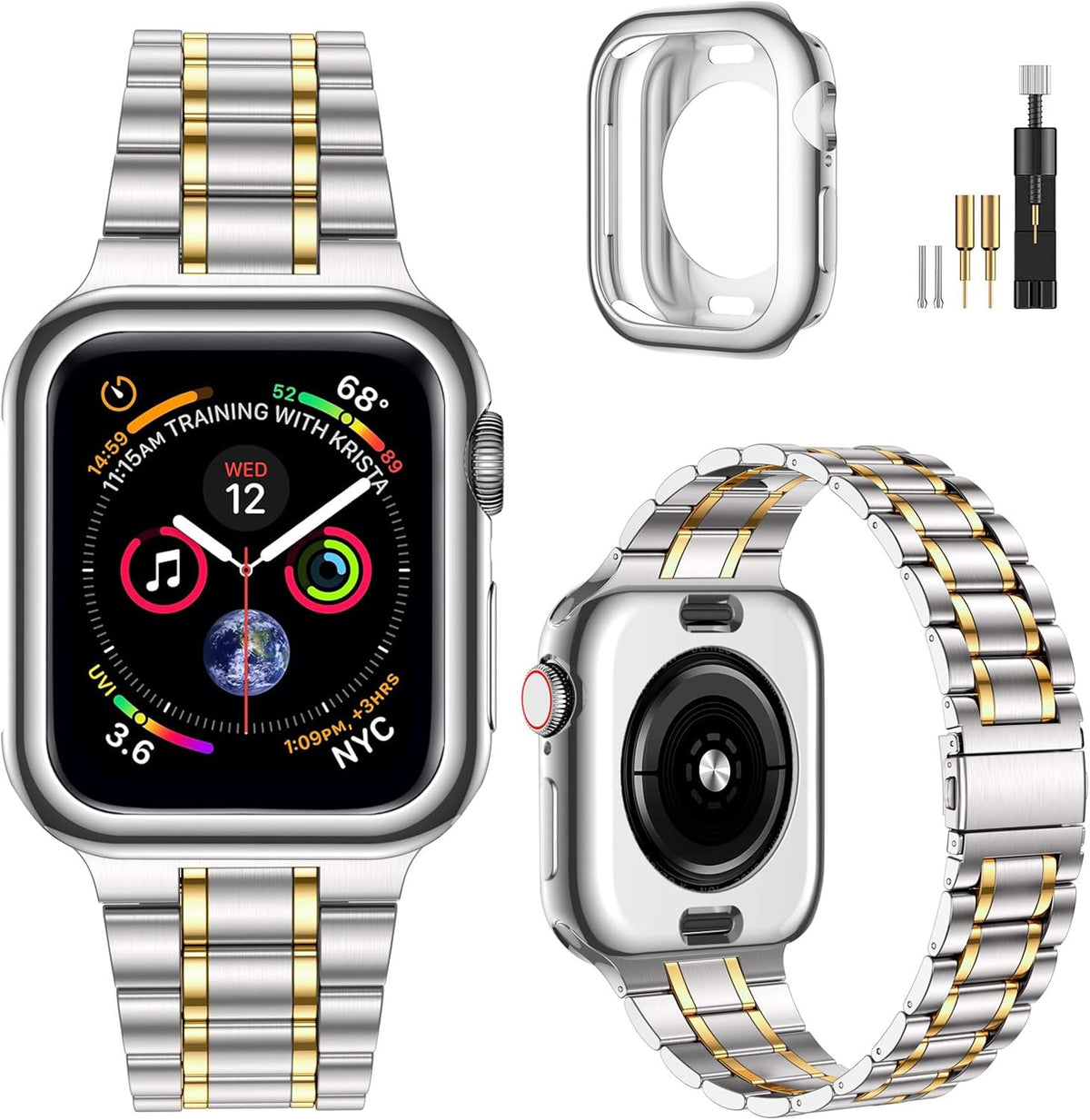 Miohhr Solid Stainless Steel Band Compatible with Apple Watch 44Mm(Series 6/5/4/SE), 42Mm (Series 3/2/1), Metal Strap with Soft TPU Case for Iwatch Bands for Women and Men, Gold