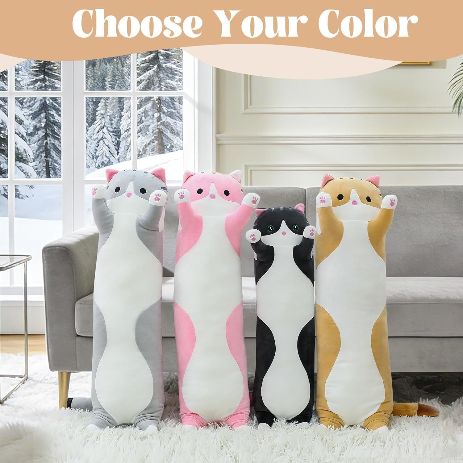 Cute Cat Plush Long Body Pillow – Soft Cartoon Stuffed Animal Doll, Kawaii Cat Plushie Toy Pillow Gifts for Kids, Girls & Girlfriend (Gray, 19.7 Inch)