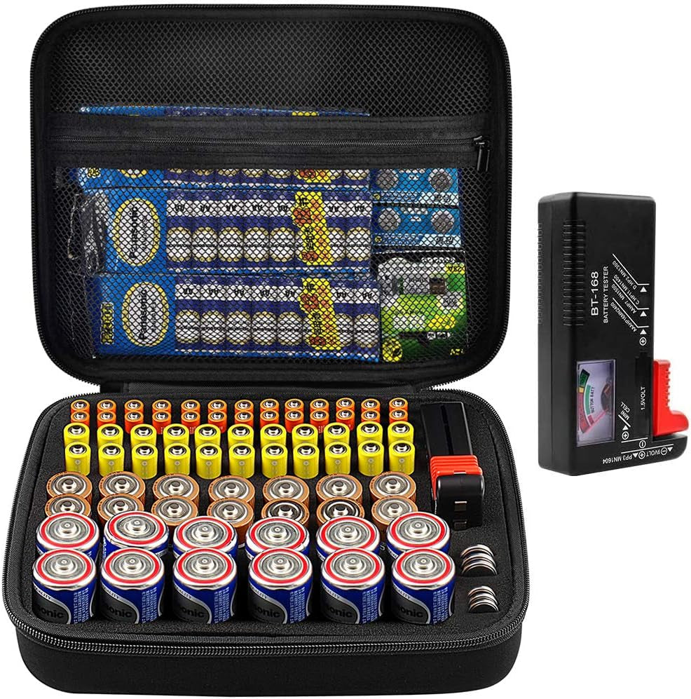 Comecase Battery Organizer Storage Case, Battery Vault Carrying Container Bag Holder - Holds 148+ Batteries AA AAA AAAA C D 9V Button Cell - with BT-168 Tester for Home&Garage- Black(Box Only)