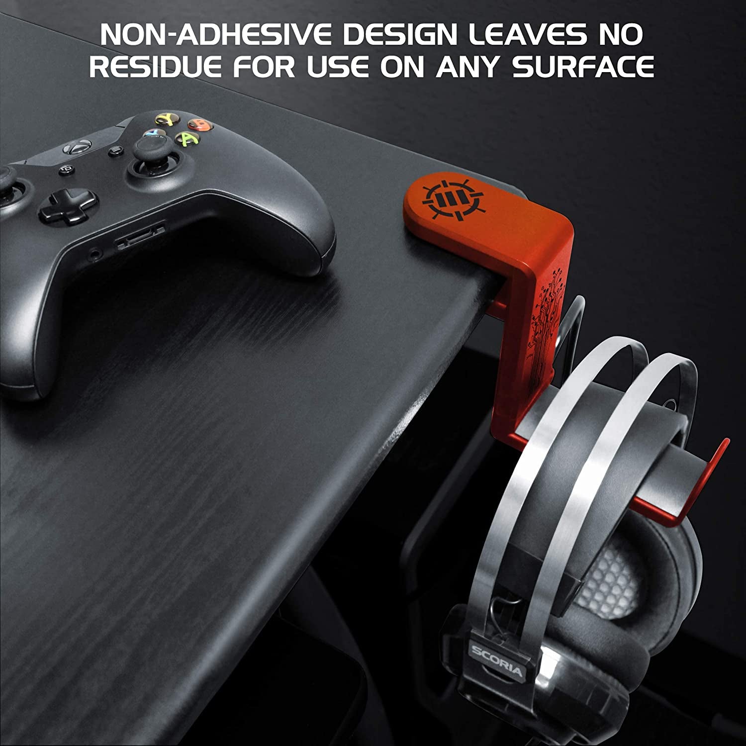 ENHANCE PC Gaming Headphone Holder - Desk Headphone Hanger Esports Headset Holder with Adjustable 360 Rotation, under Desk Hook Clamp, Universal Fit - Built in Cable Clip Organizer - Red