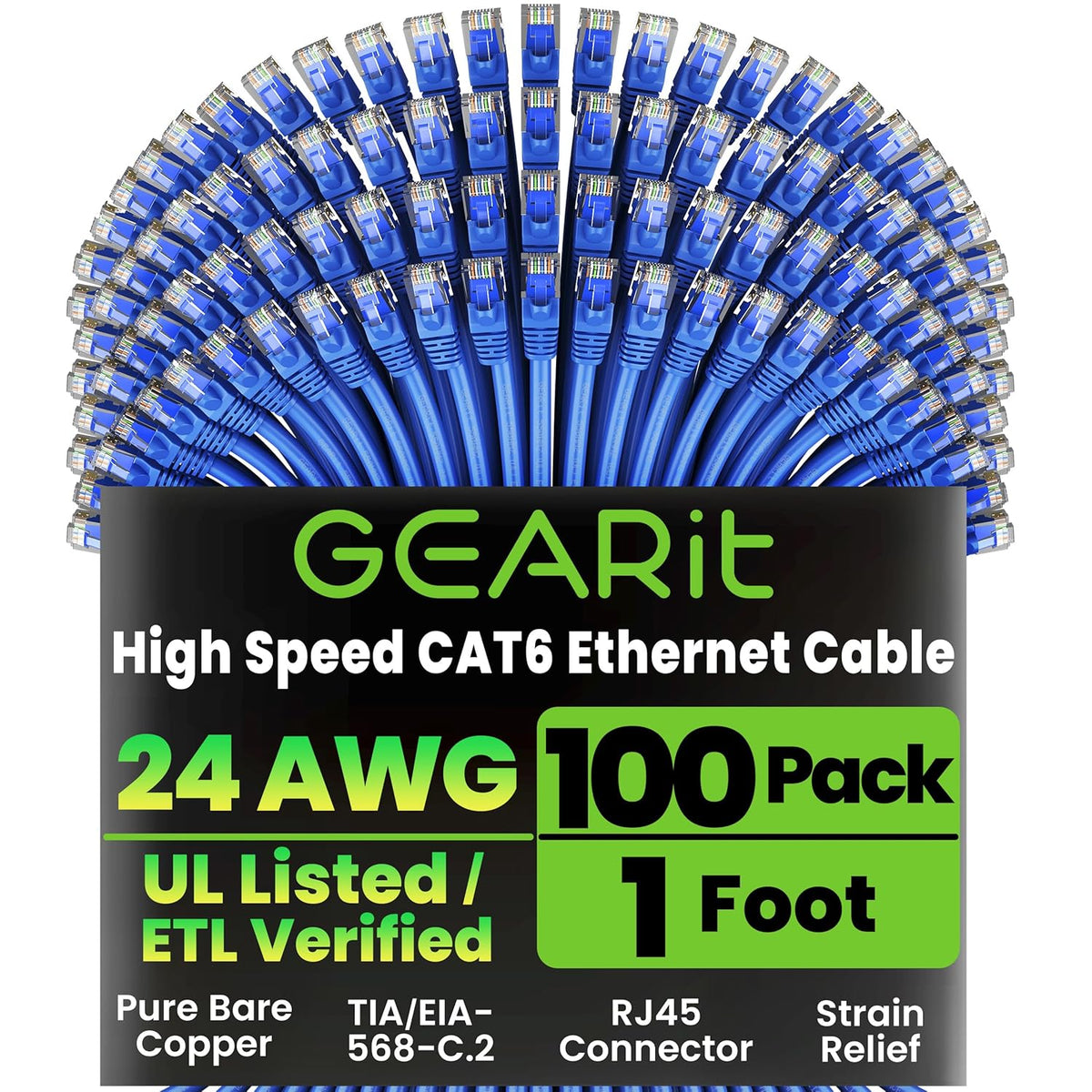 Gearit Cat 6 Ethernet Cable (10-Pack 10 Feet) Cat6 Network Patch, 10Gbps, RJ45, Snagless Cord, Gold-Plated Connectors, Internet for PC, TV, Tablet, Router, Printer, Servers, IT Data Center - Green