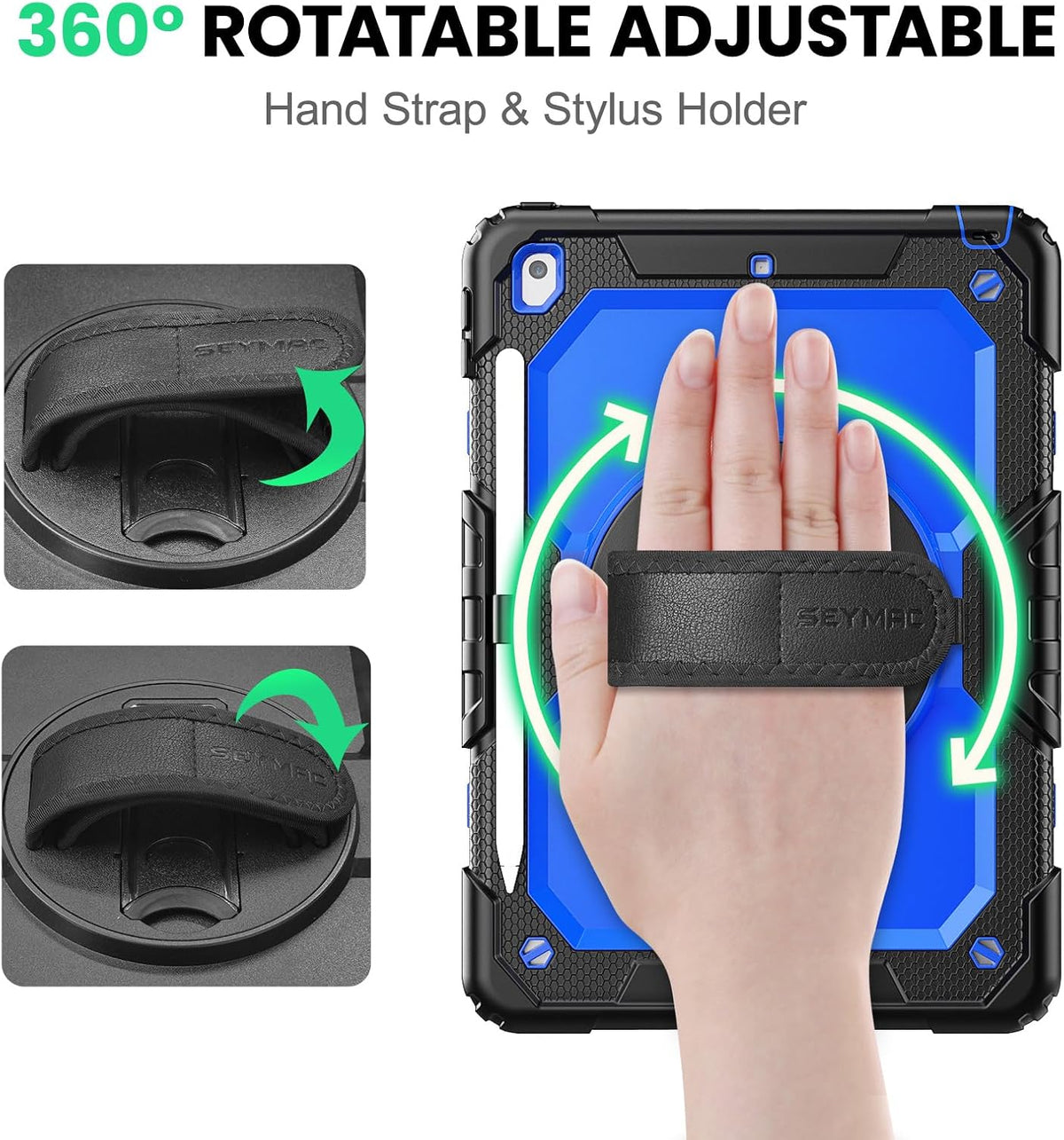 SEYMAC for Ipad 9Th/8Th/7Th Generation Case 10.2" 2021-2019, Full-Body Shockproof Heavy Duty Protective Case with Screen Protector, Rotating Stand/Handle/Shoulder Strap for Ipad 10.2, Black/Blue