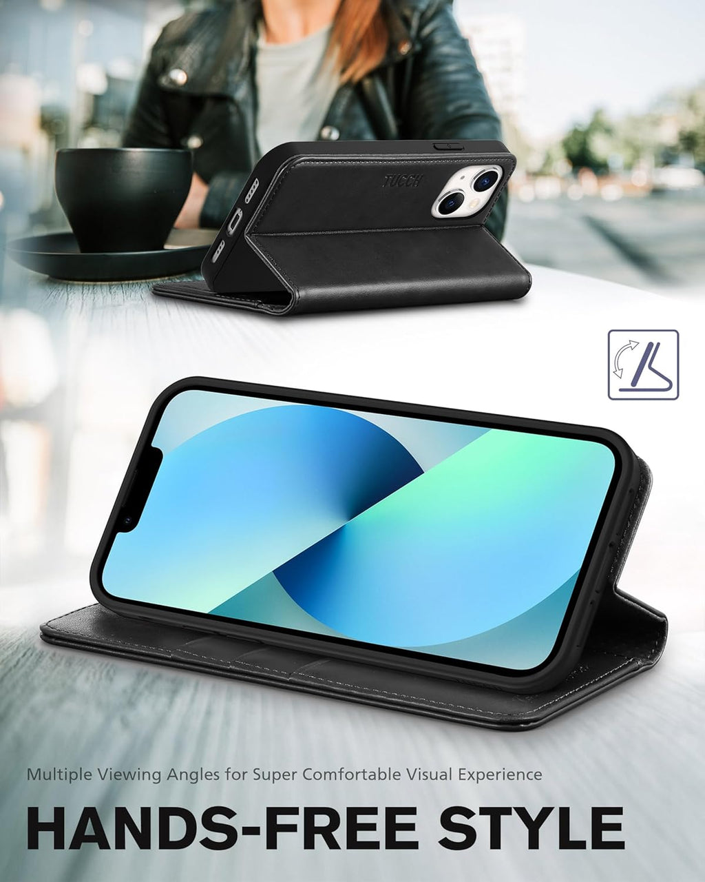 TUCCH Case Wallet for Iphone 13 5G, PU Leather Flip Folio Cover with [3 Card Slots], Stand Book Design [Shockproof TPU Interior Case] Compatible with Iphone 13 6.1-Inch 2021, Black