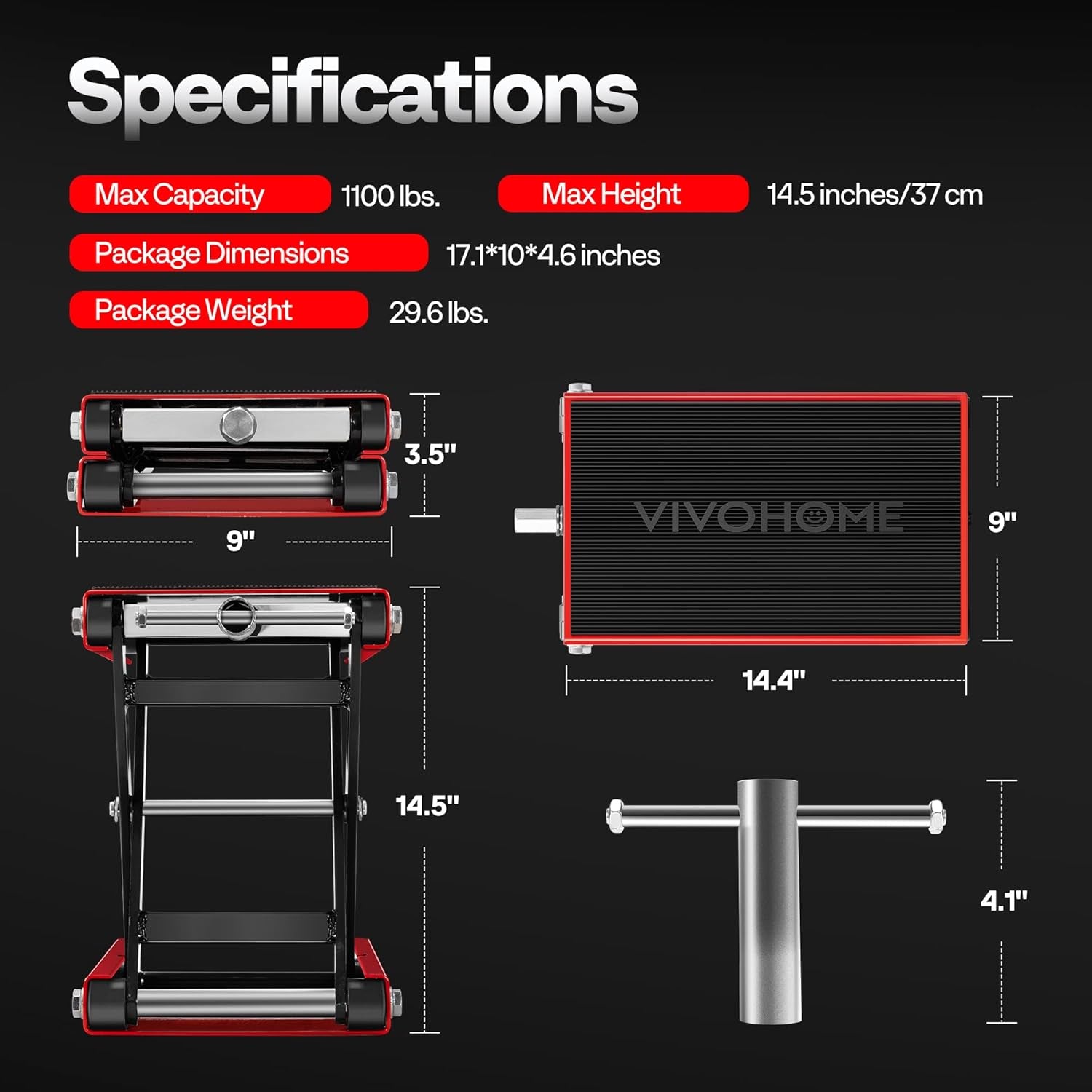 VIVOHOME 1100 LBS Motorcycle Lift Scissor Jack, Wide Deck Hoist Stand, Height Adjustable Center Stand with Crank, Steel Lift for Cruiser, Dirt Bike, ATV - Red