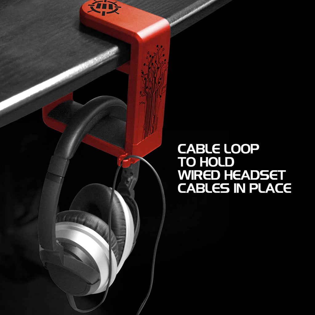 ENHANCE PC Gaming Headphone Holder - Desk Headphone Hanger Esports Headset Holder with Adjustable 360 Rotation, under Desk Hook Clamp, Universal Fit - Built in Cable Clip Organizer - Red