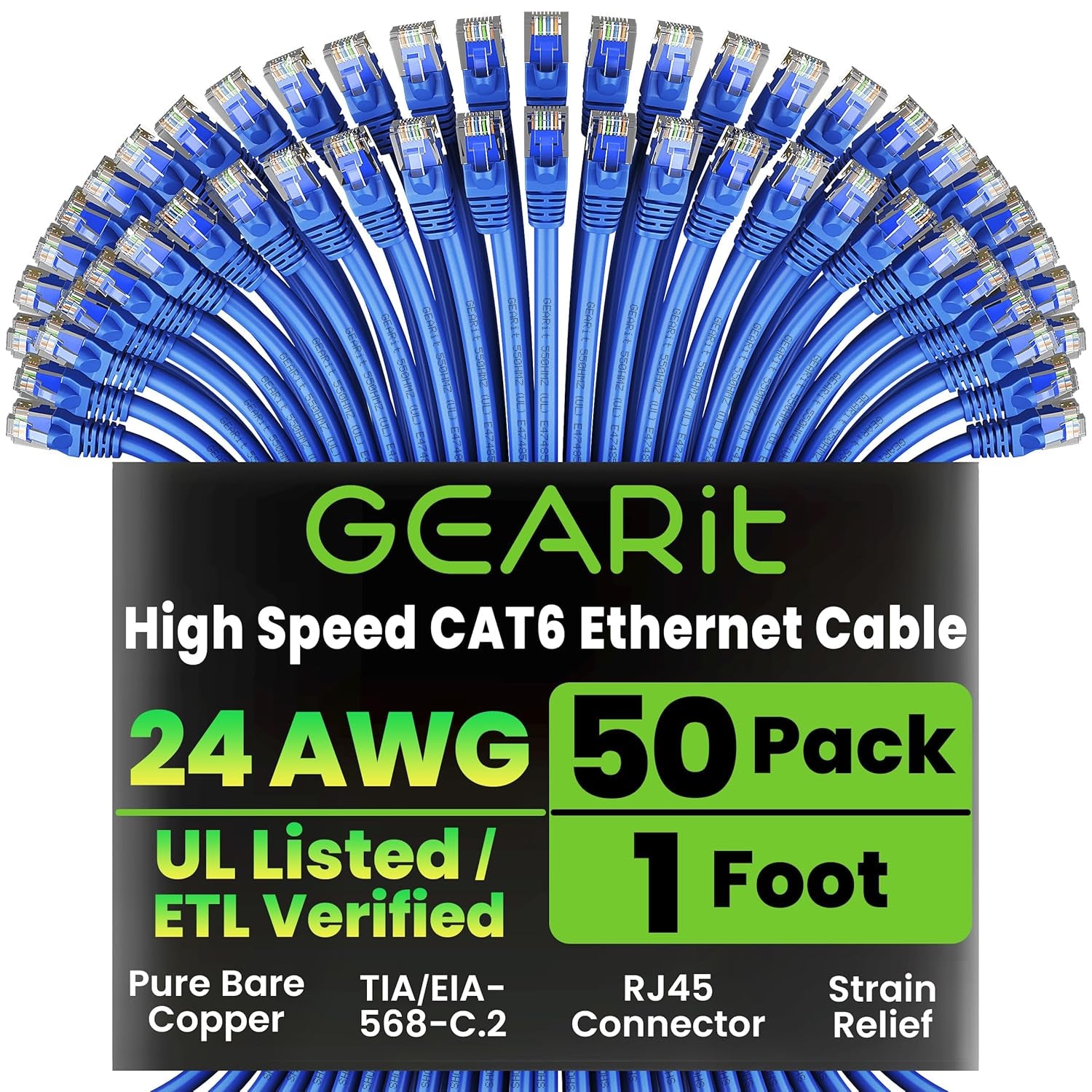 Gearit Cat 6 Ethernet Cable (10-Pack 10 Feet) Cat6 Network Patch, 10Gbps, RJ45, Snagless Cord, Gold-Plated Connectors, Internet for PC, TV, Tablet, Router, Printer, Servers, IT Data Center - Green