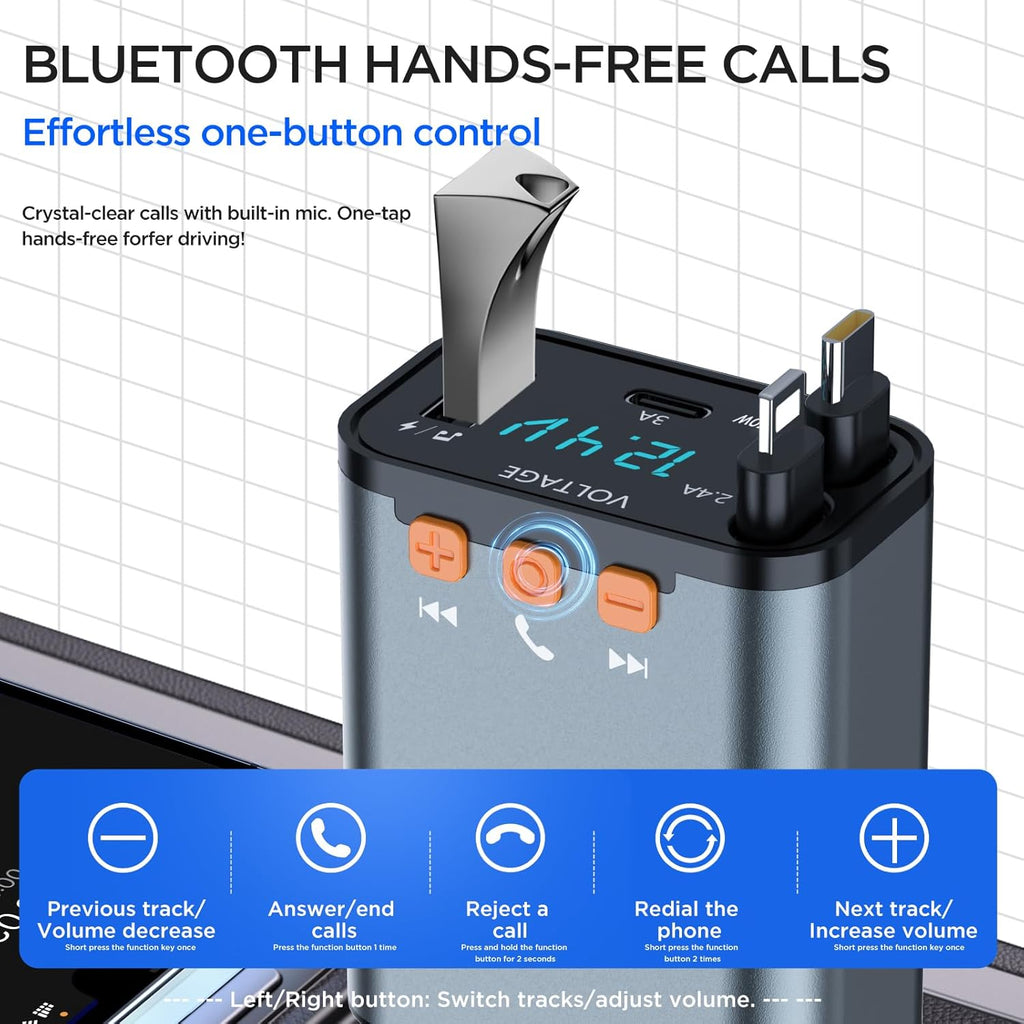 Retractable Car Charger,5 in 1 PD Car Phone Charger with Bluetooth 5.3 FM Transmitter,Handsfree Call and MP3 Player,2 Retractable Cables and USB Charging Adapter for Cars Phone,Galaxy,Pixel(Grey)