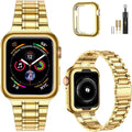 Miohhr Solid Stainless Steel Band Compatible with Apple Watch 44Mm(Series 6/5/4/SE), 42Mm (Series 3/2/1), Metal Strap with Soft TPU Case for Iwatch Bands for Women and Men, Gold