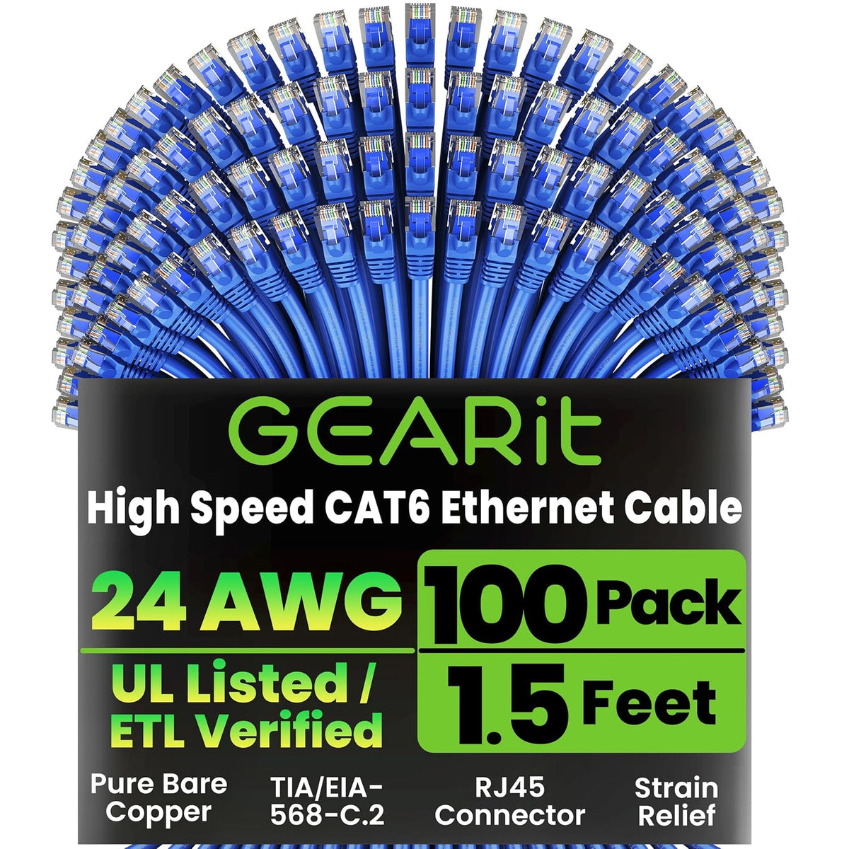 Gearit Cat 6 Ethernet Cable (10-Pack 10 Feet) Cat6 Network Patch, 10Gbps, RJ45, Snagless Cord, Gold-Plated Connectors, Internet for PC, TV, Tablet, Router, Printer, Servers, IT Data Center - Green