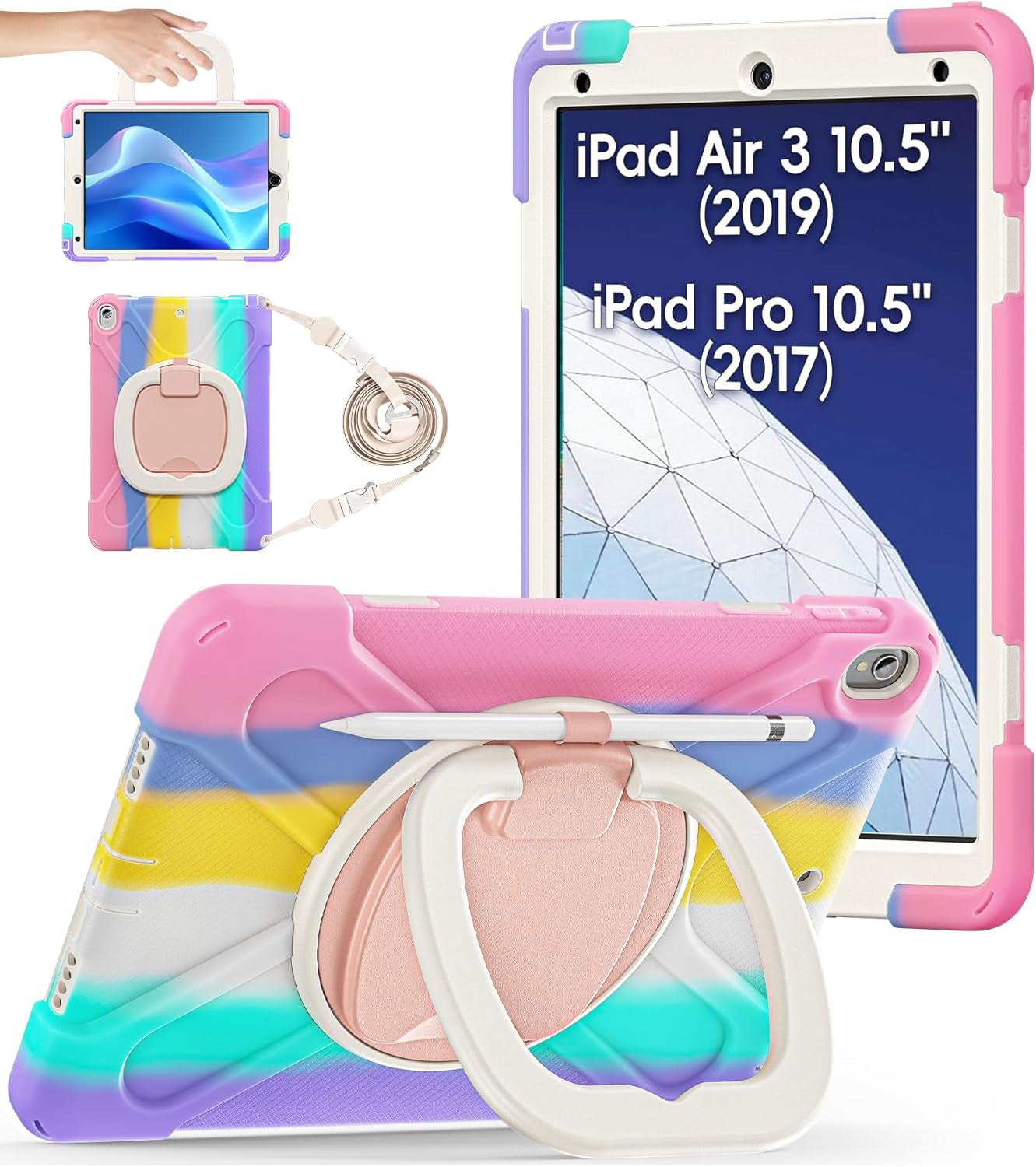 BATYUE Ipad Air 3Rd Generation Case 2019 / Ipad Pro 10.5 Inch Case 2017; Rugged Heavy Duty Protective Cover with Pencil Holder, 360° Swivel Stand, Shoulder Strap; for Kids (Navy Blue+Blue)