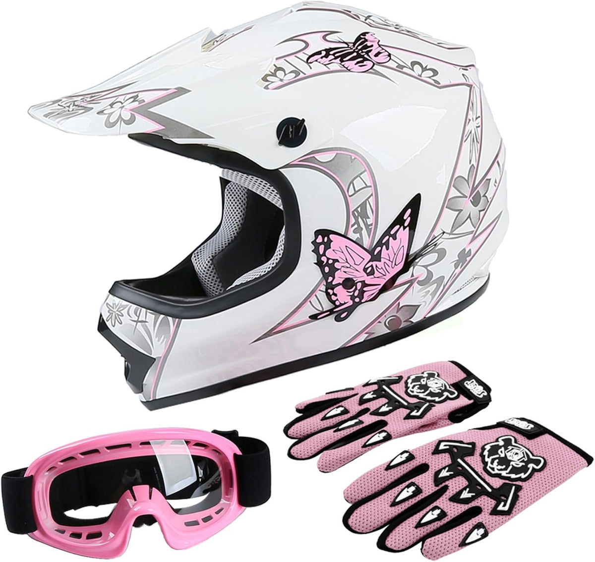 TCT-MOTORPARTS DOT Youth Kids Dirt Bike Full Face Helmets Motocross ATV Offroad Four Wheeler Helmet Pink Butterfly Medium Size