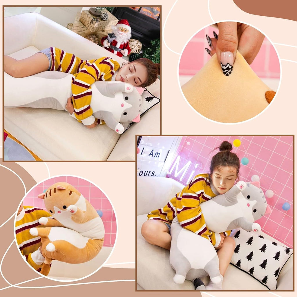 Cute Cat Plush Long Body Pillow – Soft Cartoon Stuffed Animal Doll, Kawaii Cat Plushie Toy Pillow Gifts for Kids, Girls & Girlfriend (Gray, 19.7 Inch)