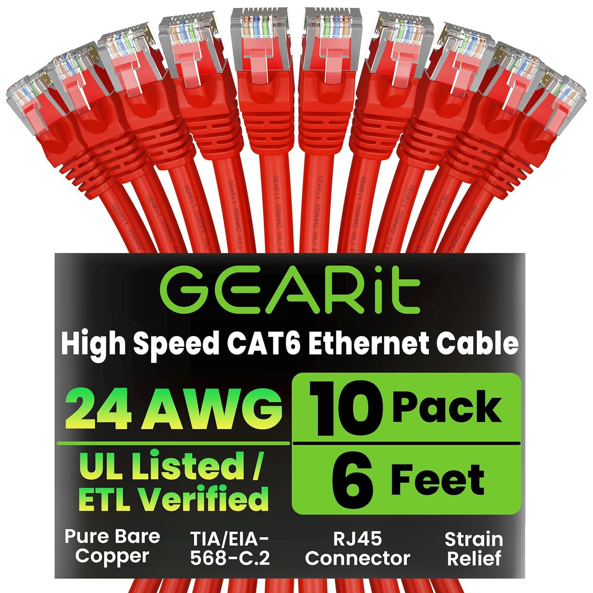 Gearit Cat 6 Ethernet Cable (10-Pack 10 Feet) Cat6 Network Patch, 10Gbps, RJ45, Snagless Cord, Gold-Plated Connectors, Internet for PC, TV, Tablet, Router, Printer, Servers, IT Data Center - Green