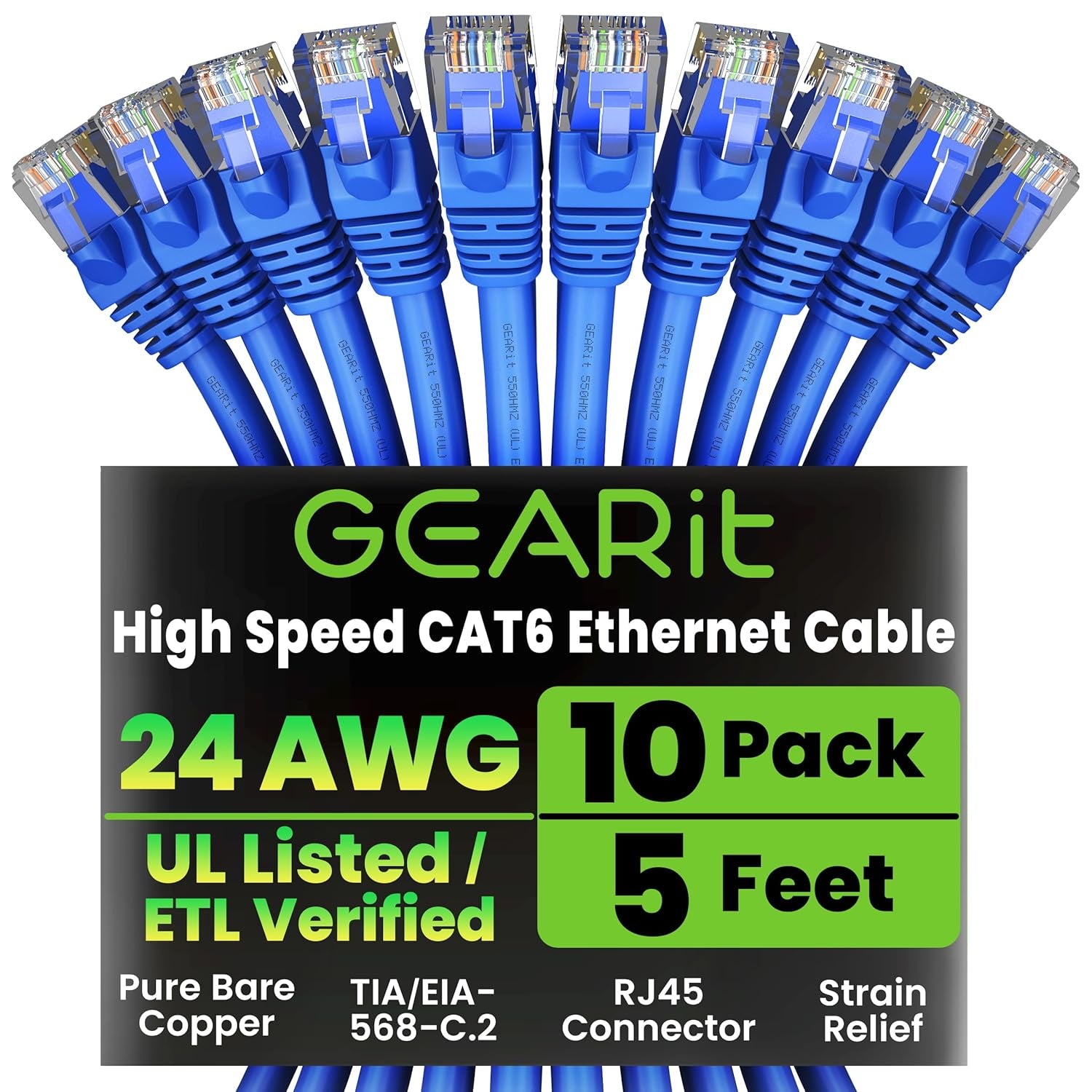 Gearit Cat 6 Ethernet Cable (10-Pack 10 Feet) Cat6 Network Patch, 10Gbps, RJ45, Snagless Cord, Gold-Plated Connectors, Internet for PC, TV, Tablet, Router, Printer, Servers, IT Data Center - Green