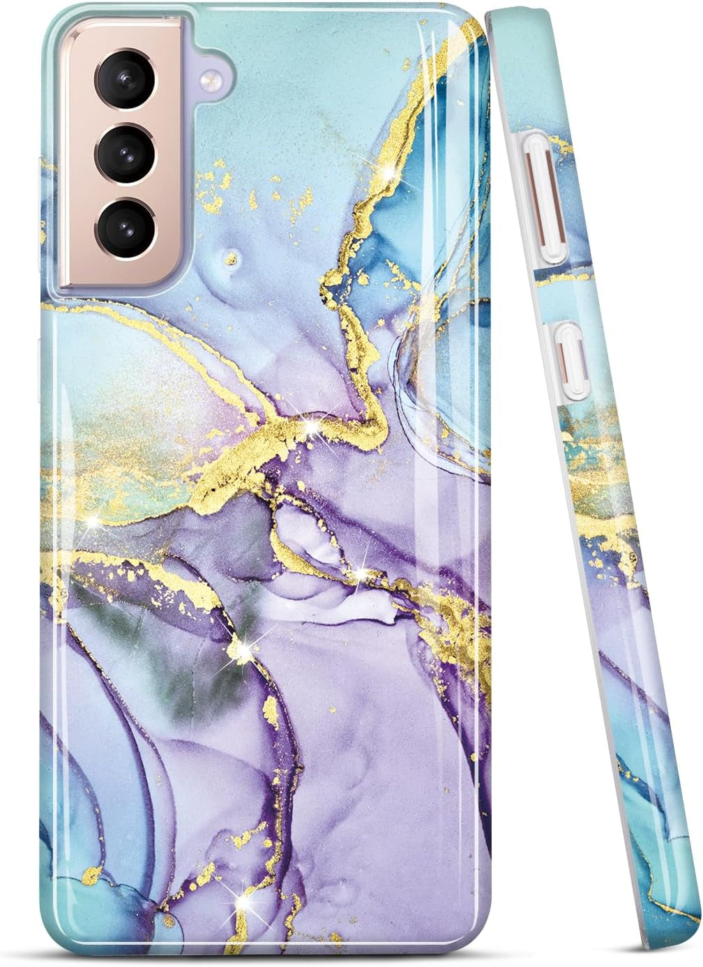 JIAXIUFEN Galaxy S21 Case Gold Sparkle Glitter Marble Slim Shockproof TPU Soft Rubber Silicone Cover Phone Case for Samsung Galaxy S21 5G 6.2 Inch 2021 Blue