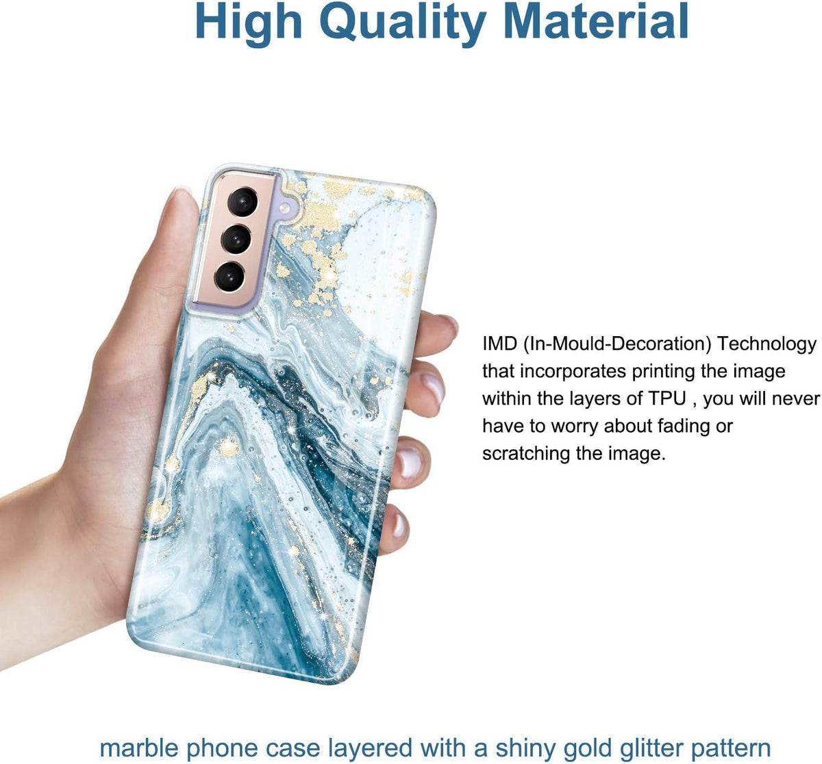 JIAXIUFEN Galaxy S21 Case Gold Sparkle Glitter Marble Slim Shockproof TPU Soft Rubber Silicone Cover Phone Case for Samsung Galaxy S21 5G 6.2 Inch 2021 Blue