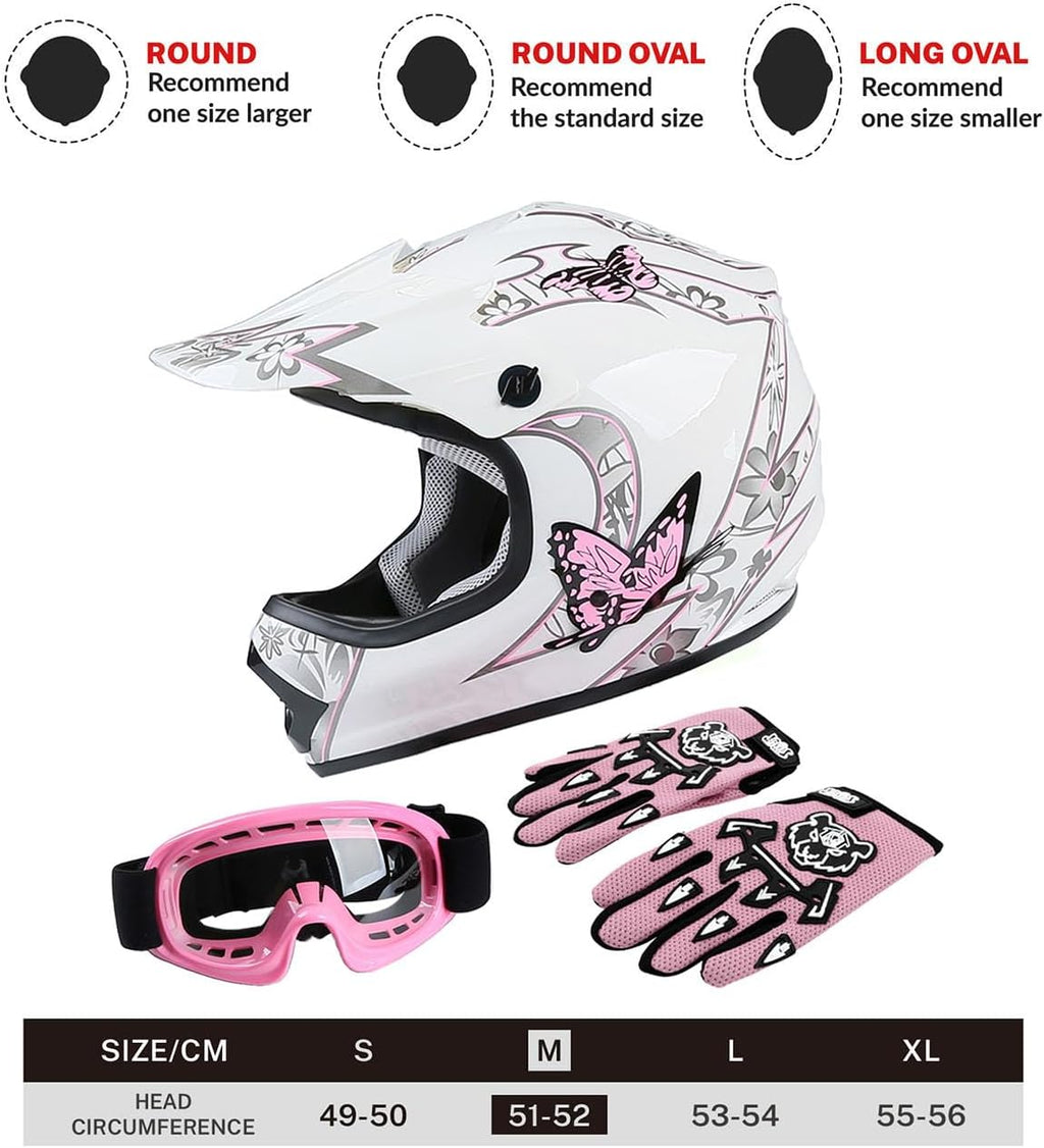TCT-MOTORPARTS DOT Youth Kids Dirt Bike Full Face Helmets Motocross ATV Offroad Four Wheeler Helmet Pink Butterfly Medium Size